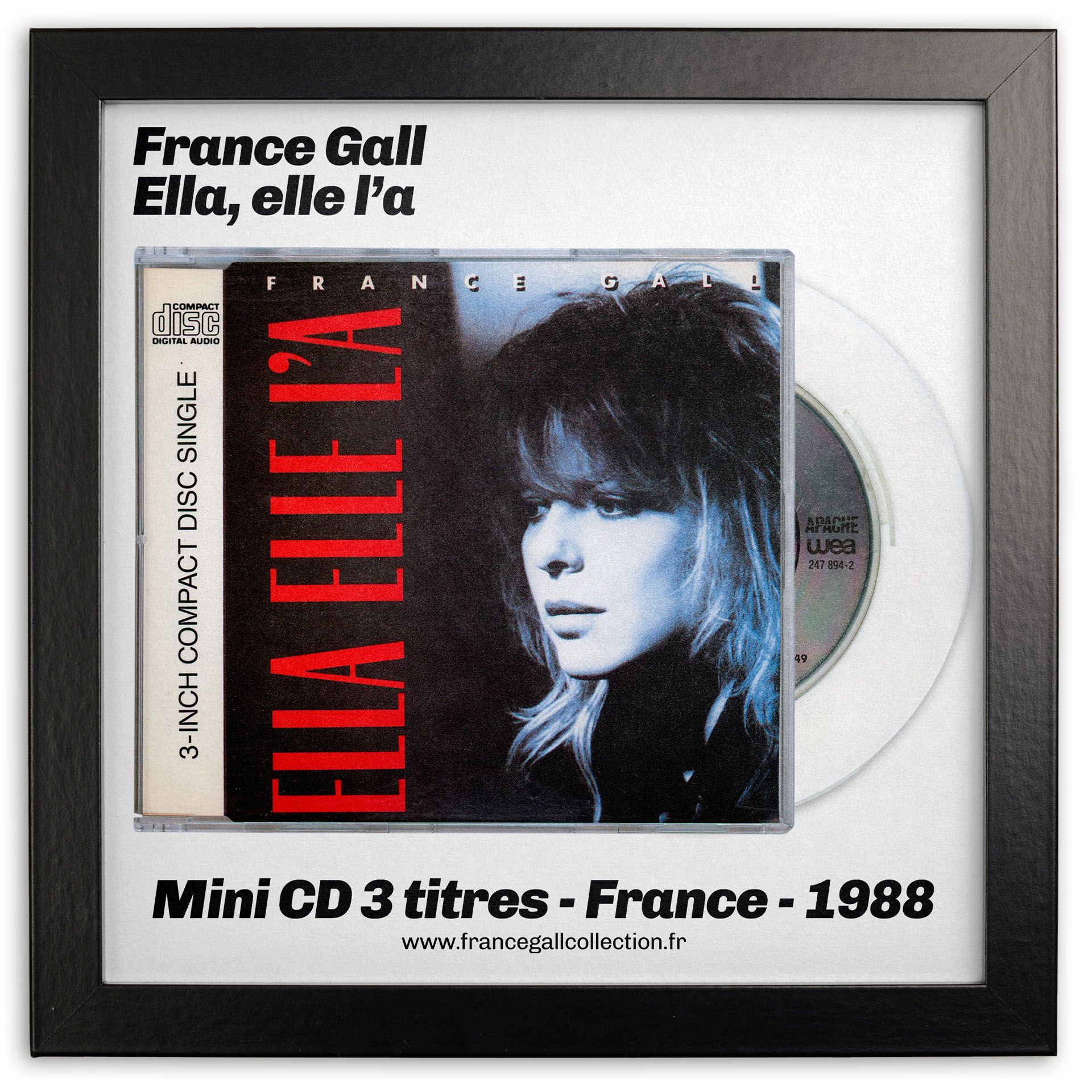 Mini CD de France Gall contenant les titres Ella, elle l'a, Dancing brave et Papillon de nuit. Ella, elle l'a est le 2ème extrait de Babacar, paru initialement en 45 tours en août 1987. Ella, elle l'a est composé par Michel Berger en l’honneur de Ella Fitzgerald.