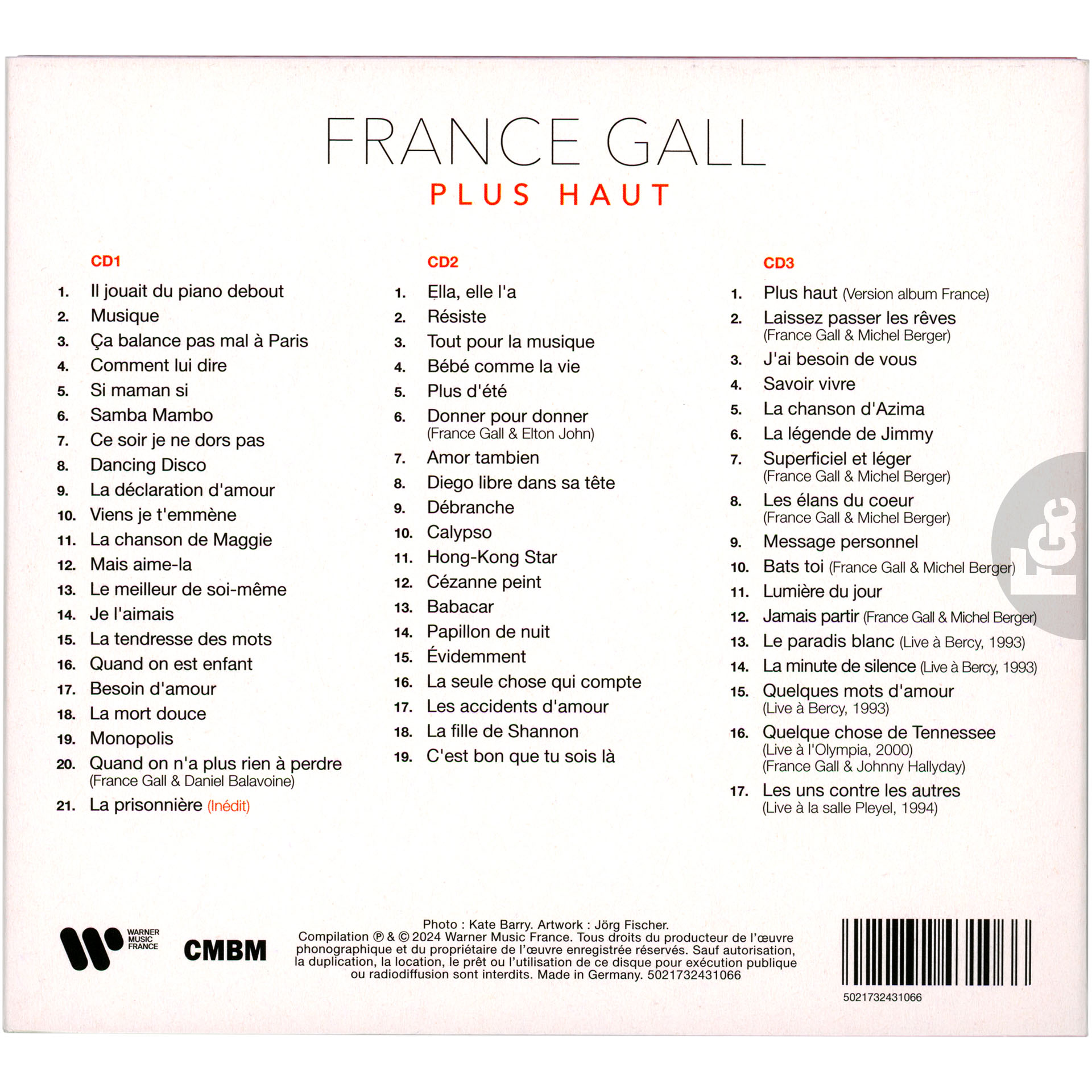 Édition 3CD du Best Of Plus haut de France Gall paru le 8 novembre 2024 qui regroupe 56 titres édités entre 1974 et 2024 avec un titre inédit La prisonnière.