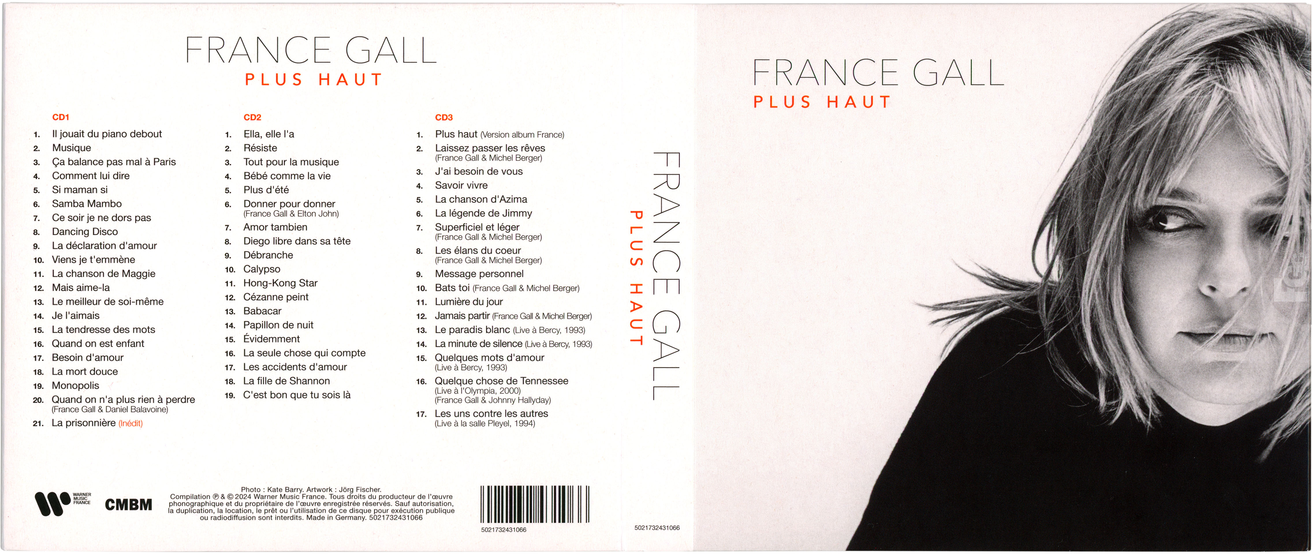Édition 3CD du Best Of Plus haut de France Gall paru le 8 novembre 2024 qui regroupe 56 titres édités entre 1974 et 2024 avec un titre inédit La prisonnière.