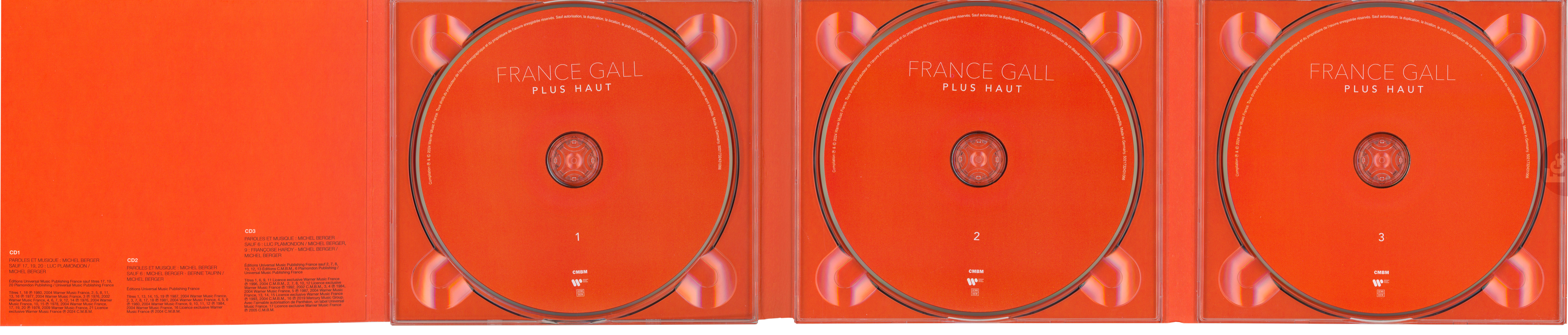 Édition 3CD du Best Of Plus haut de France Gall paru le 8 novembre 2024 qui regroupe 56 titres édités entre 1974 et 2024 avec un titre inédit La prisonnière.