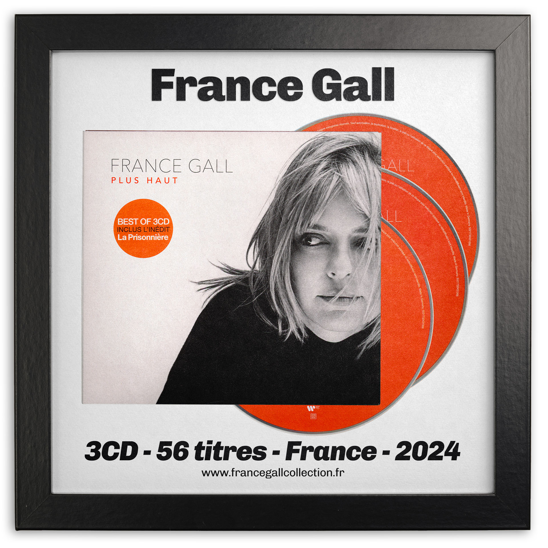 Édition 3CD du Best Of Plus haut de France Gall paru le 8 novembre 2024 qui regroupe 56 titres édités entre 1974 et 2024 avec un titre inédit La prisonnière.