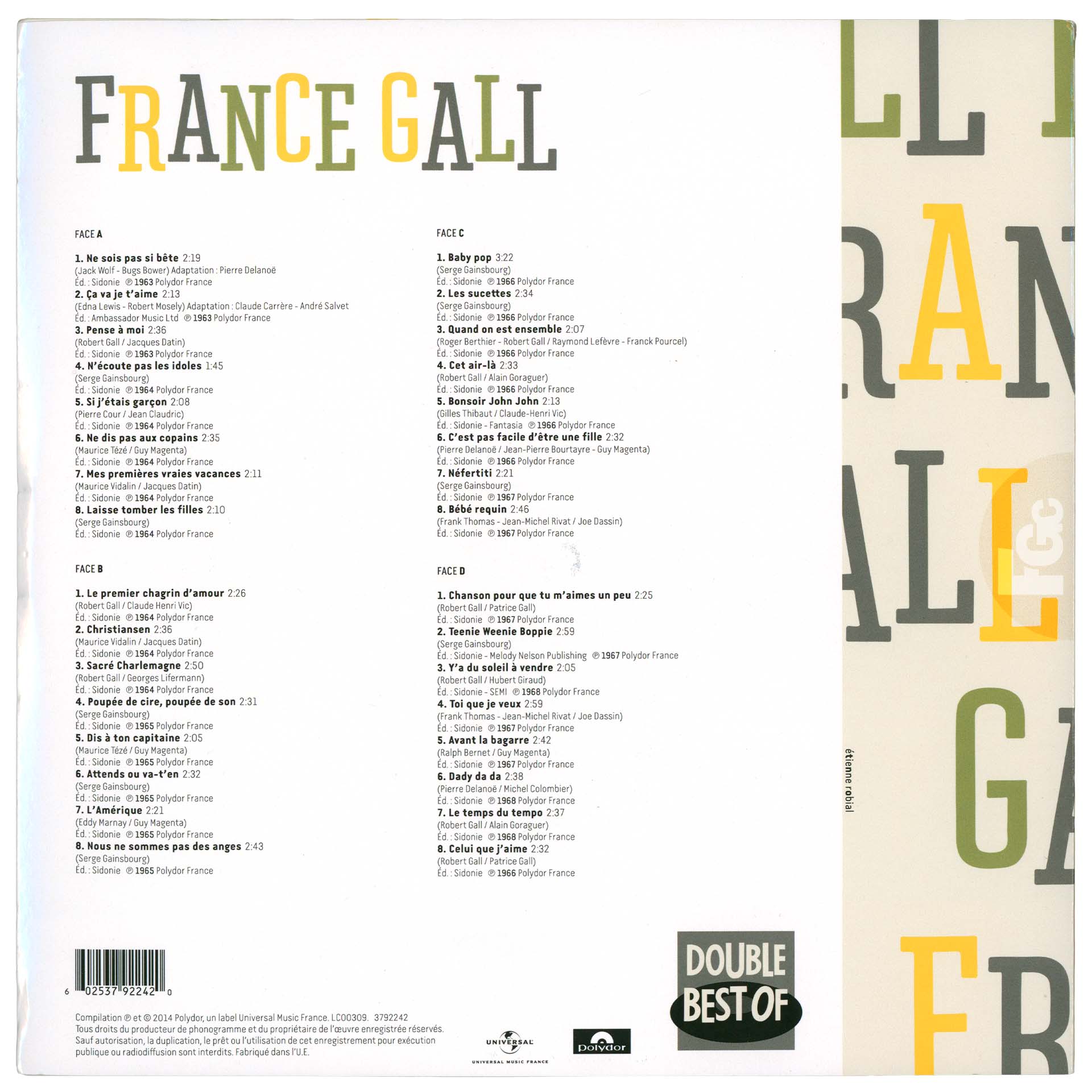 Double vinyle 33t 2014 avec 32 chansons Philips de France Gall entre 1963 et 1968 – francegallcollection.fr