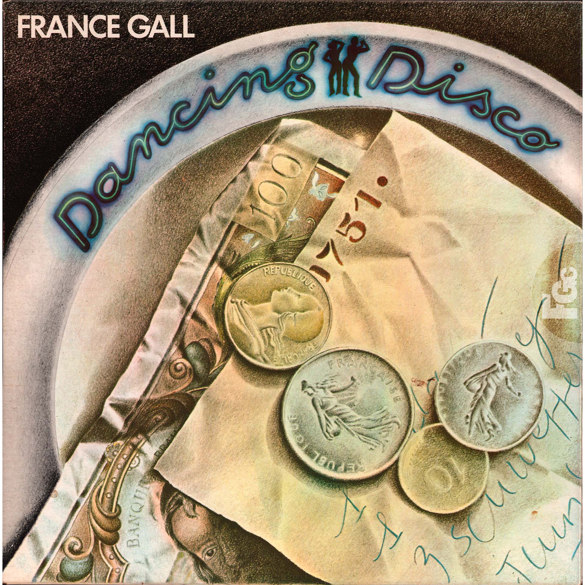 Pochette ouvrante du vinyle Dancing Disco de France Gall, édition française 1977 avec sticker bleu.