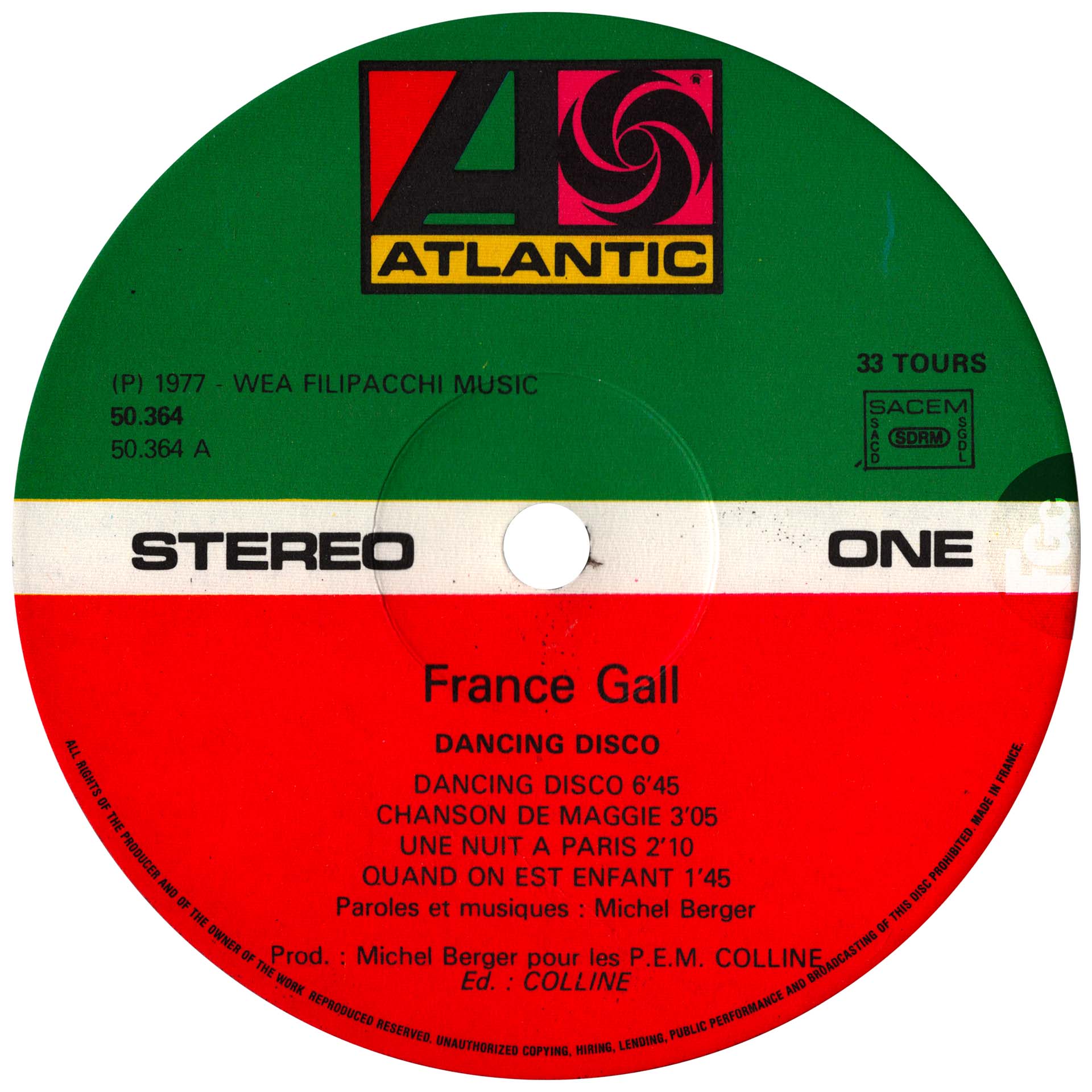 Pochette ouvrante du vinyle Dancing Disco de France Gall, édition française 1977 avec sticker bleu.