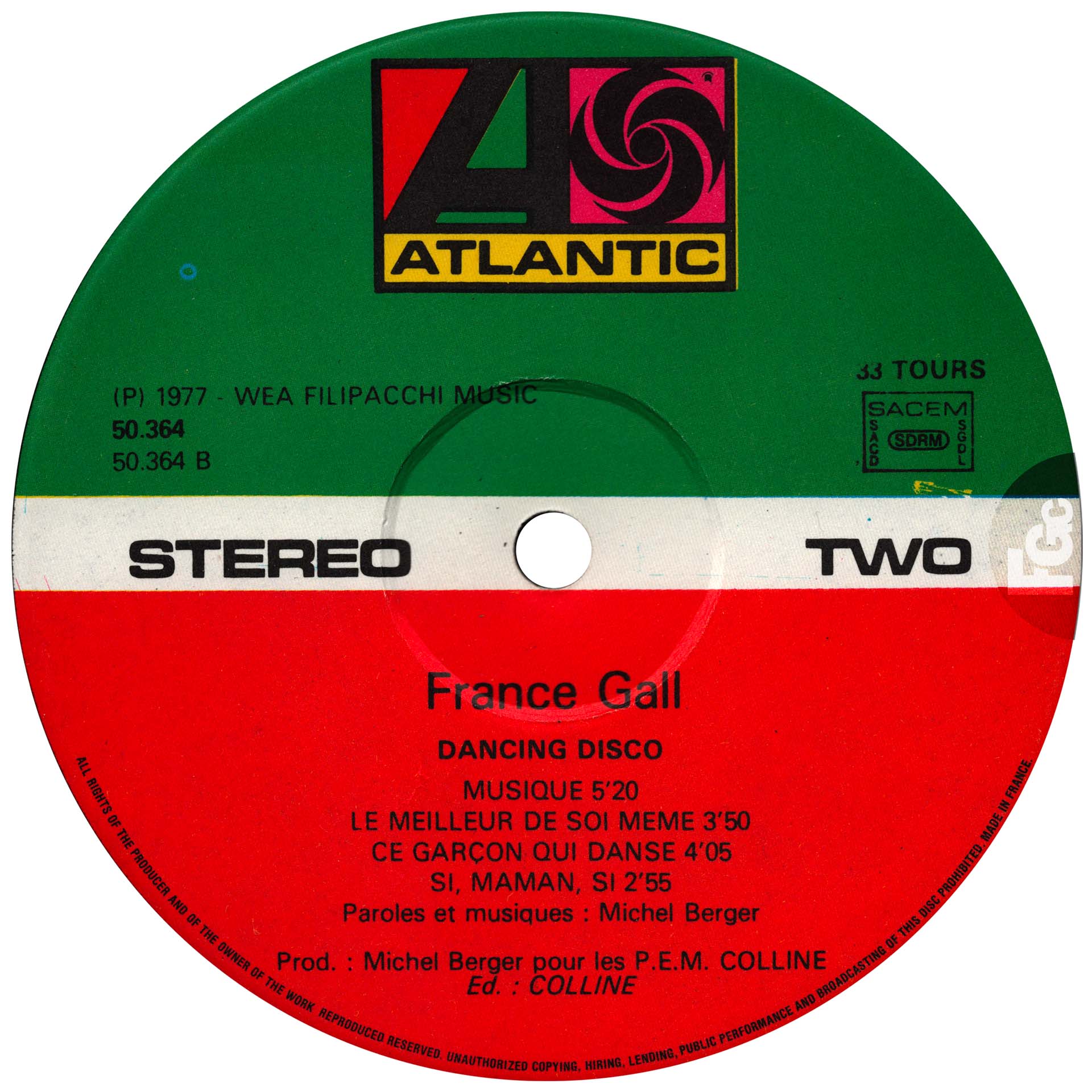 Pochette ouvrante du vinyle Dancing Disco de France Gall, édition française 1977 avec sticker bleu.