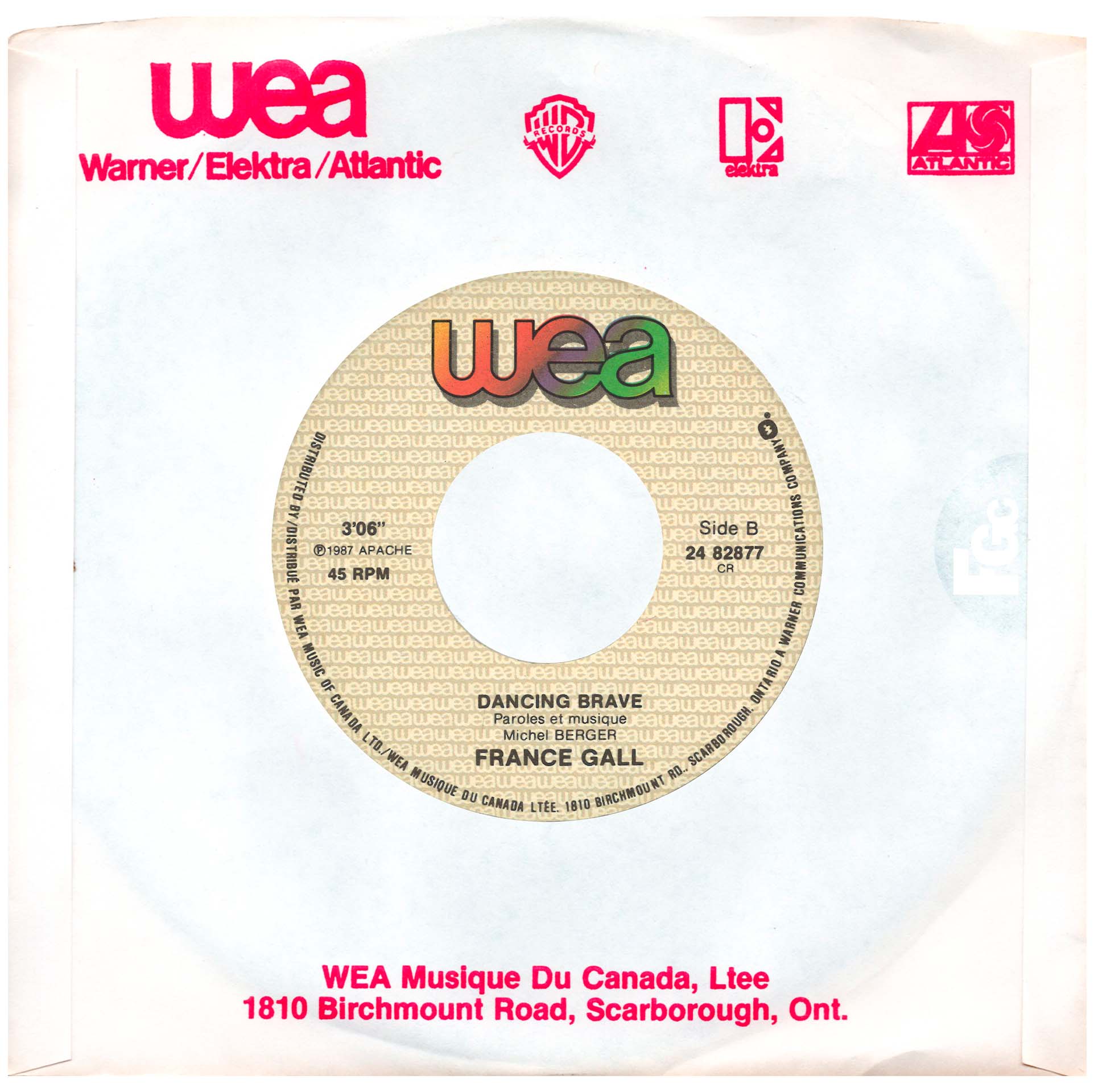France Gall – 45 tours canadien Ella, elle l’a (1987), en pochette papier générique WEA.