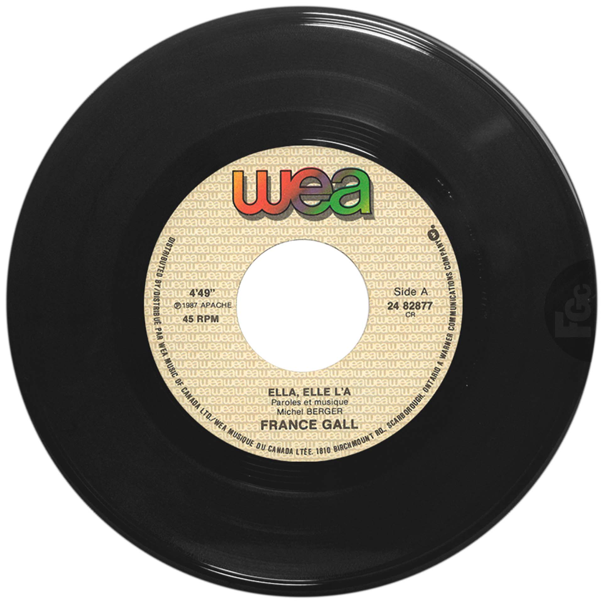 France Gall – 45 tours canadien Ella, elle l’a (1987), en pochette papier générique WEA.