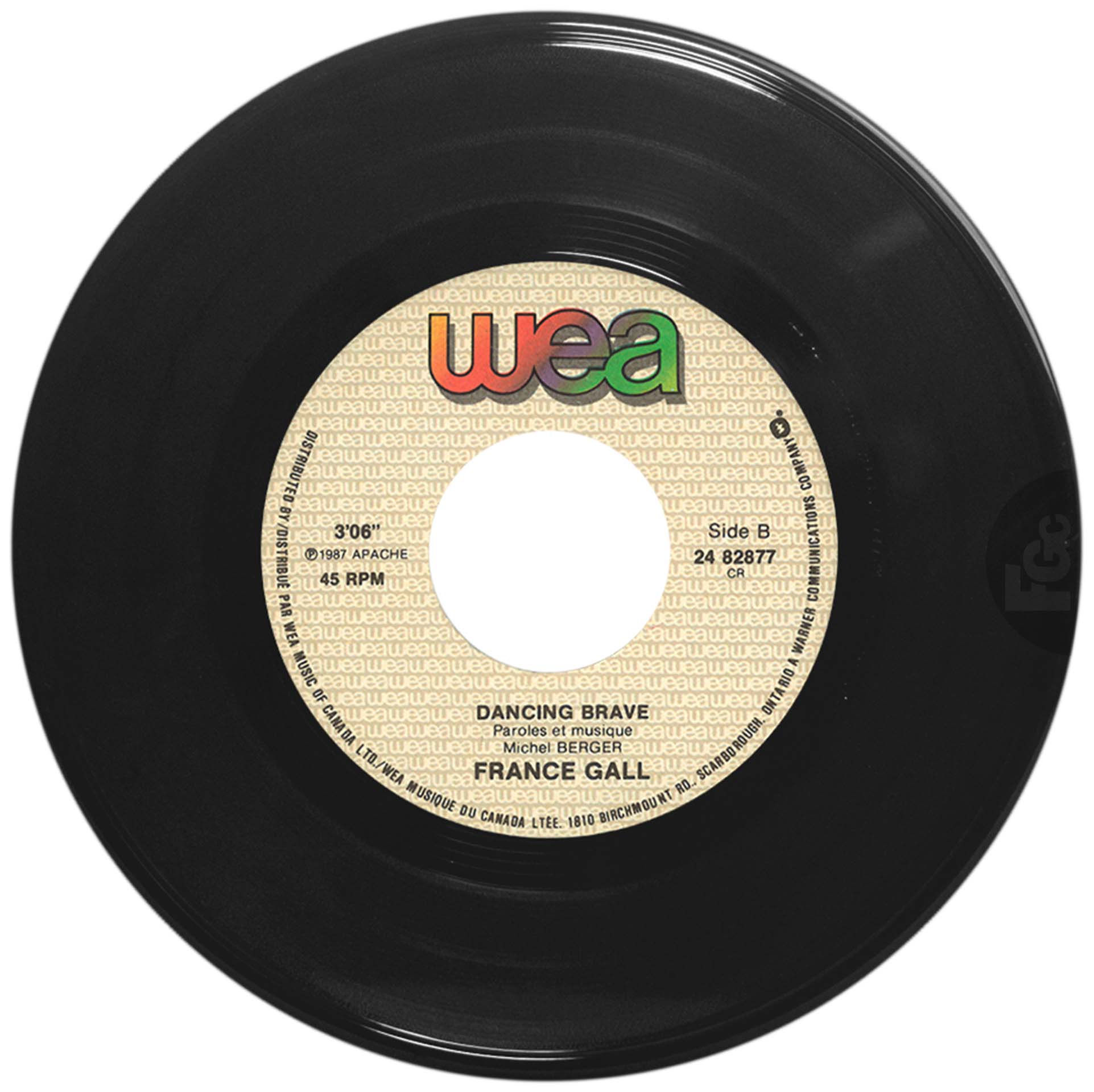 France Gall – 45 tours canadien Ella, elle l’a (1987), en pochette papier générique WEA.
