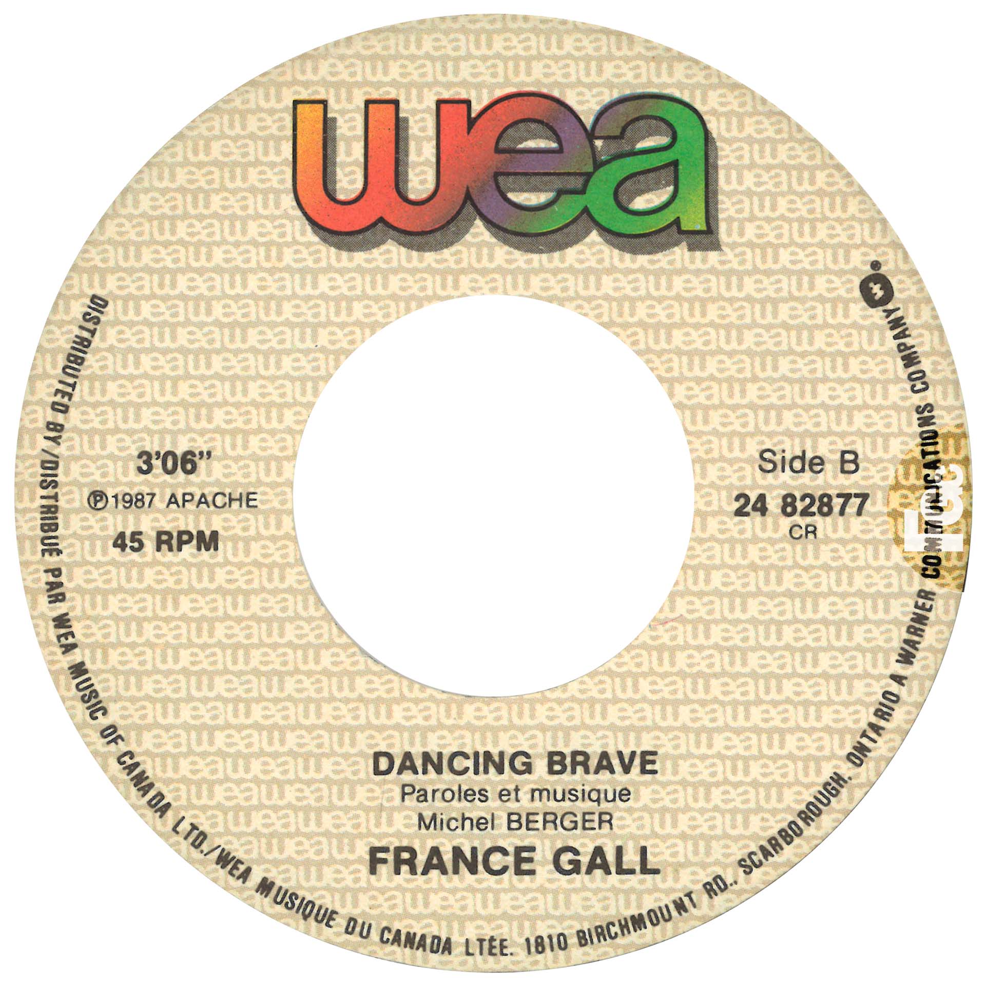 France Gall – 45 tours canadien Ella, elle l’a (1987), en pochette papier générique WEA.