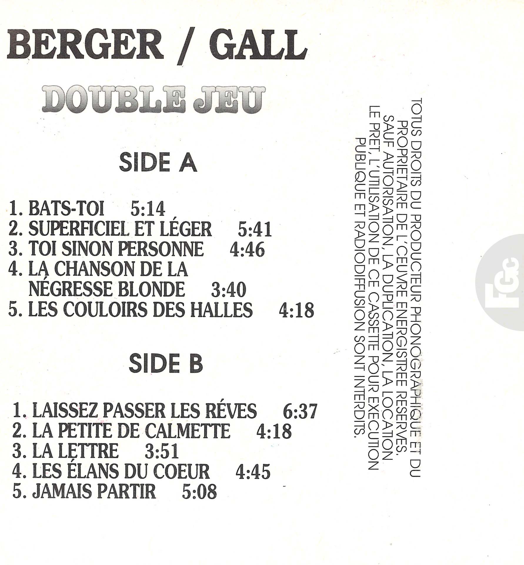 France Gall – K7 Double Jeu non officielle Arabie Saoudite 1992