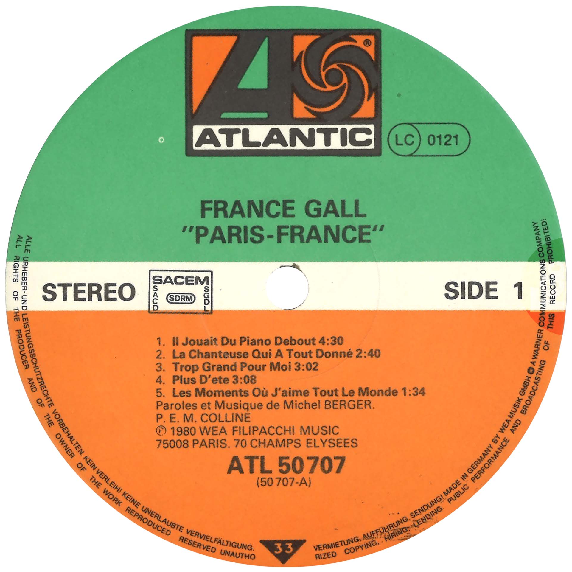 France Gall Paris, France 33 tours Allemagne 1980 avec sous-pochette.