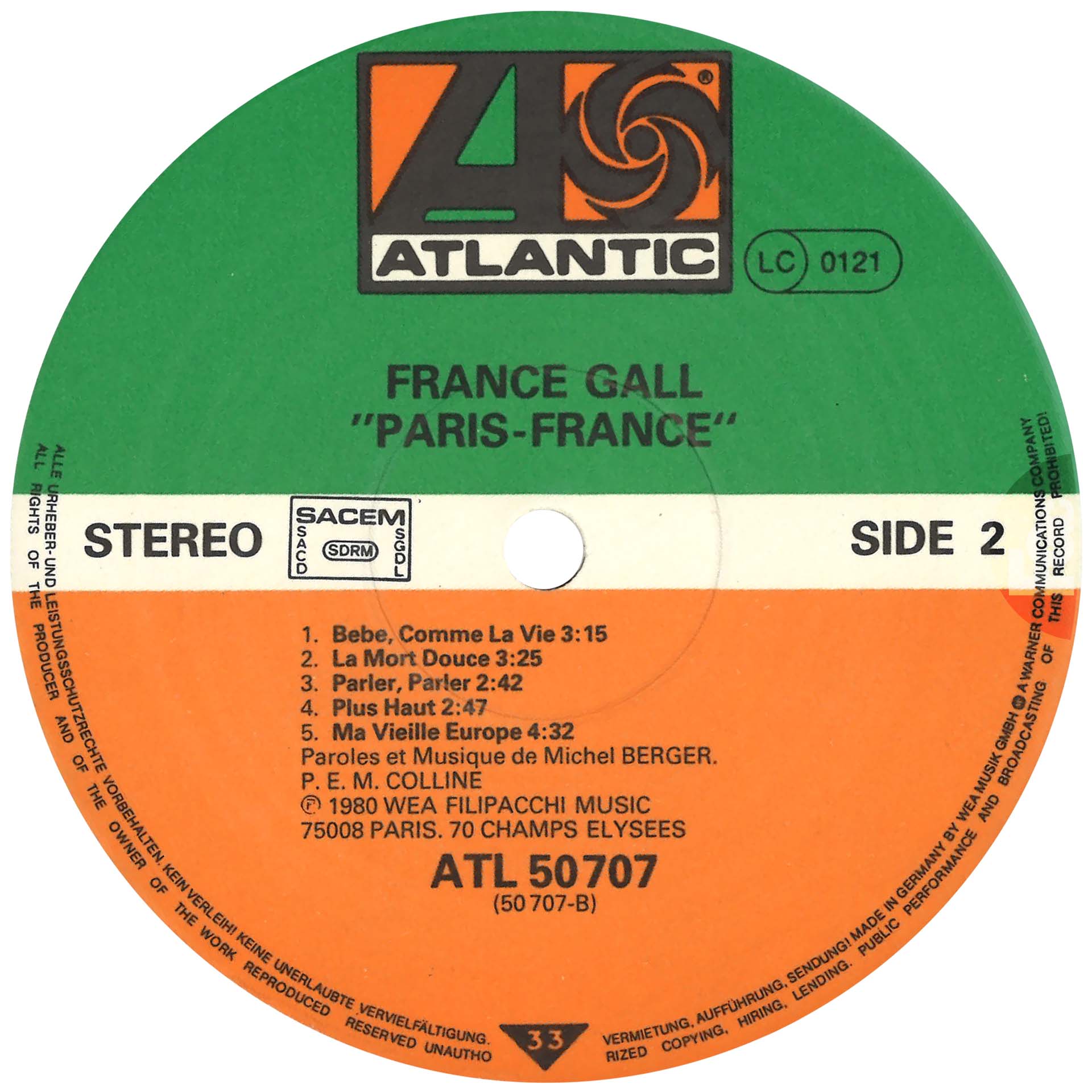 France Gall Paris, France 33 tours Allemagne 1980 avec sous-pochette.