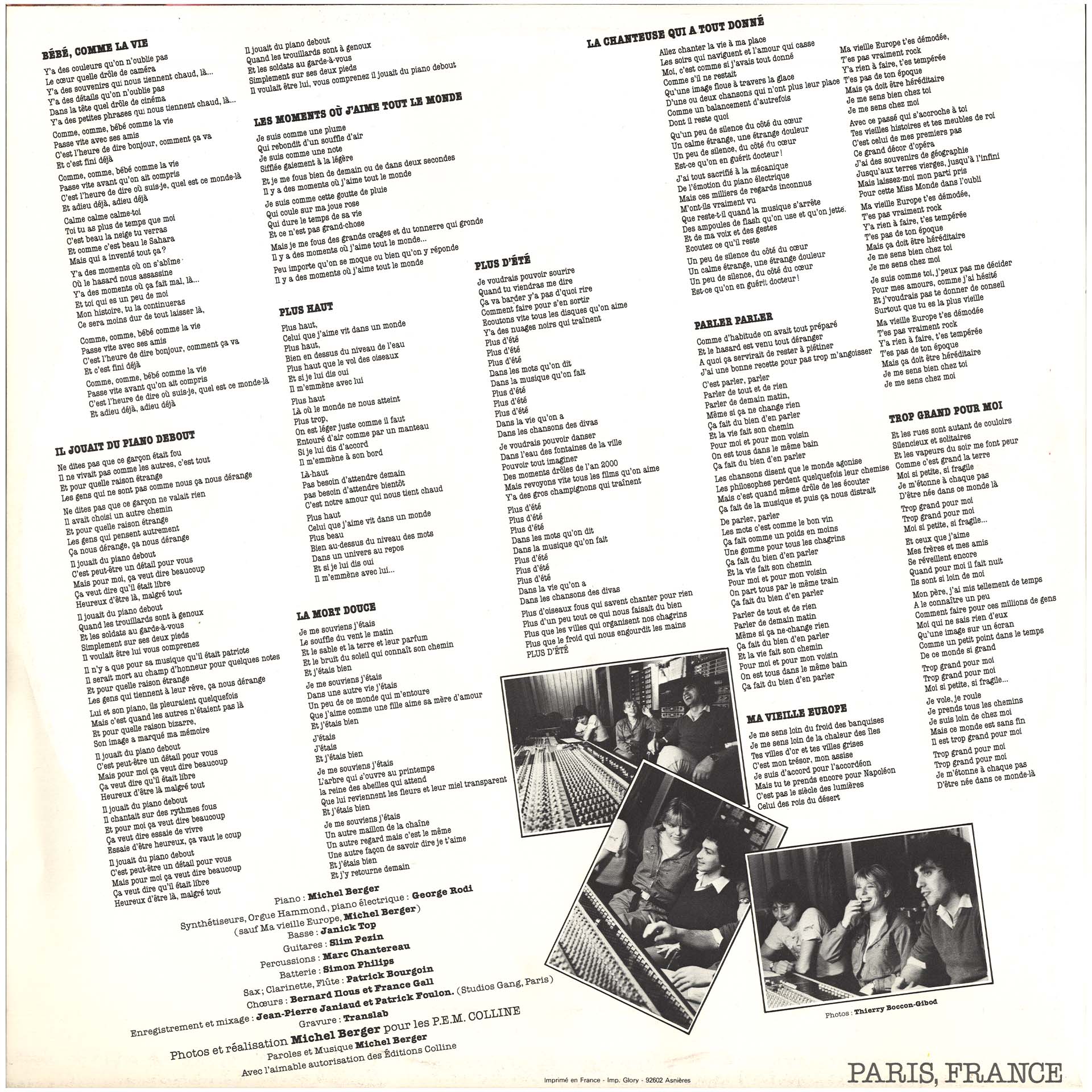 France Gall – 2ᵉ pressage du vinyle Paris, France (1980) avec mention imprimée – sous-pochette brillante, photo Michel Berger