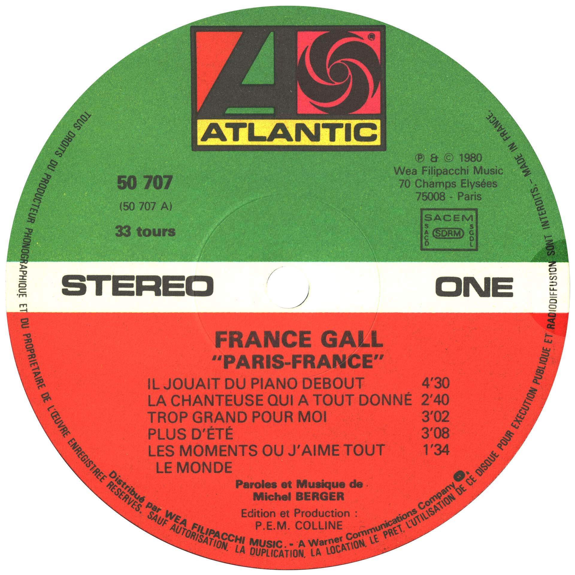 France Gall – 2ᵉ pressage du vinyle Paris, France (1980) avec mention imprimée – sous-pochette brillante, photo Michel Berger