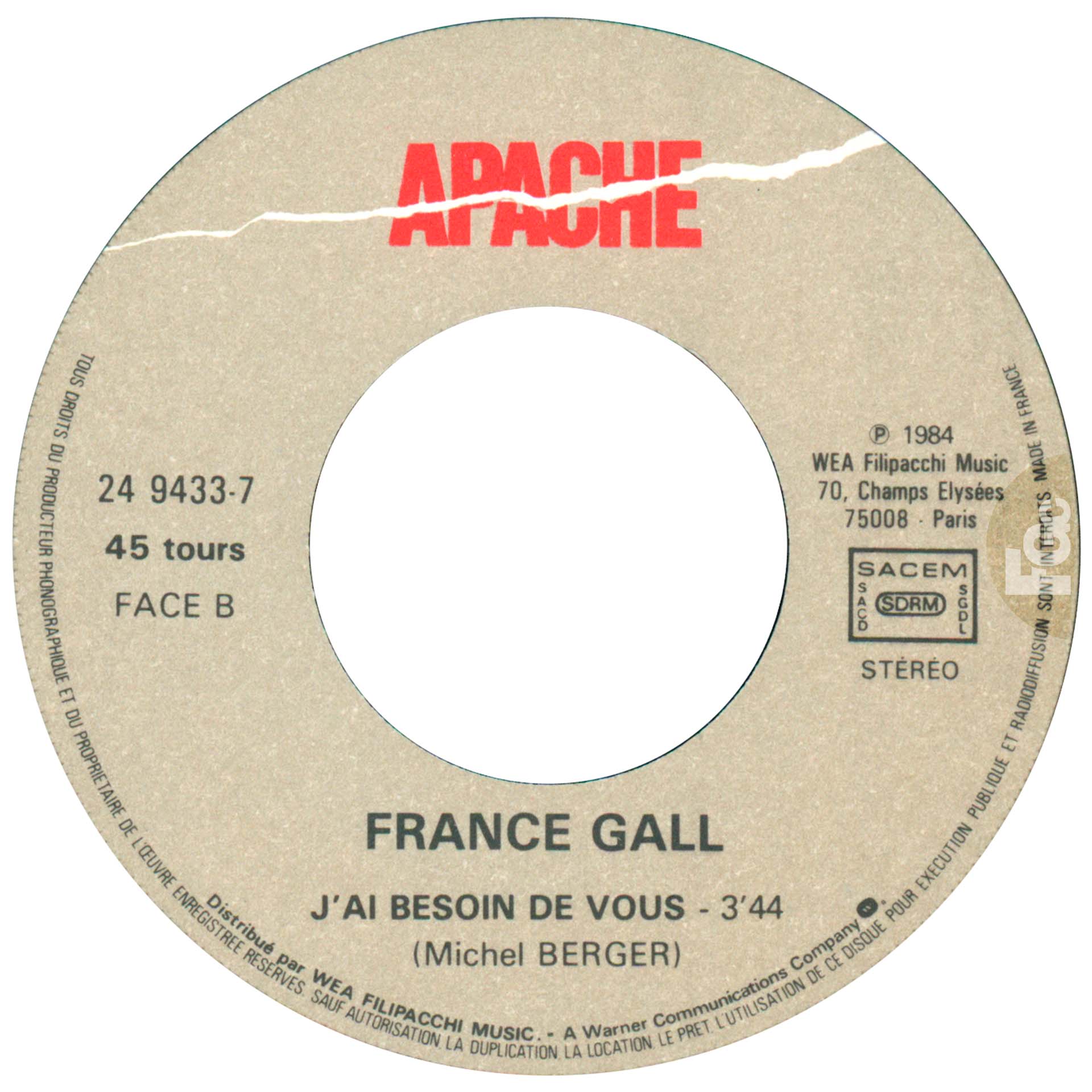 France Gall Débranche 45 tours France avril 1984.