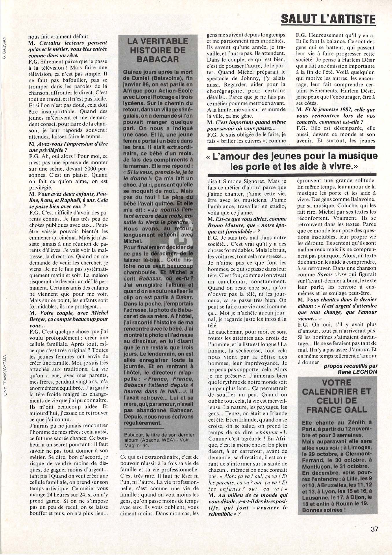 France Gall interview Mag’ octobre 1987 article presse.