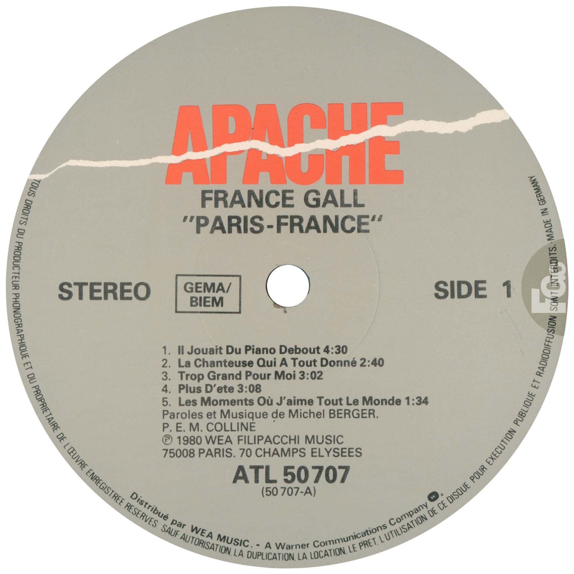 France Gall Paris, France 33 tours Apache 1990 Europe.