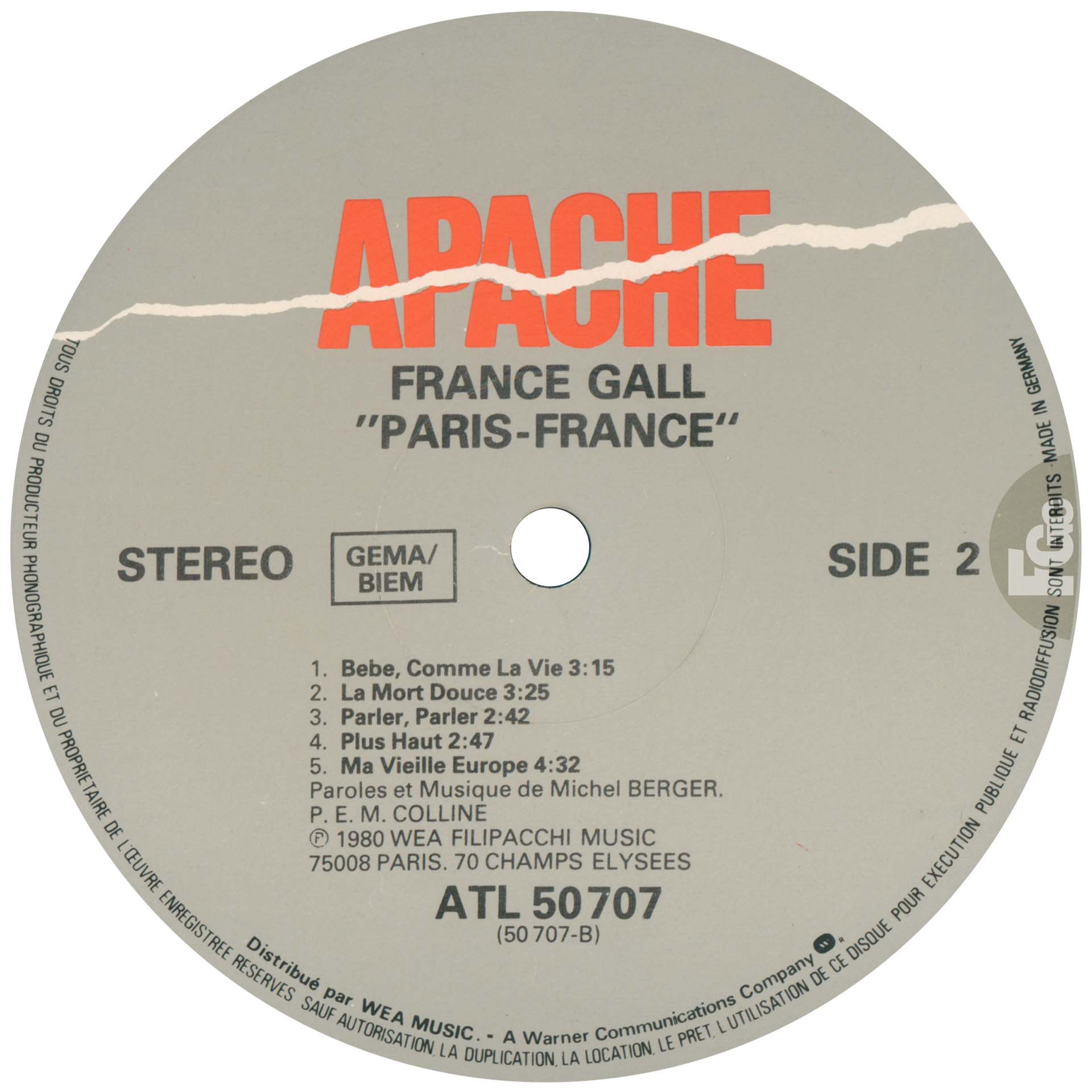 France Gall Paris, France 33 tours Apache 1990 Europe.