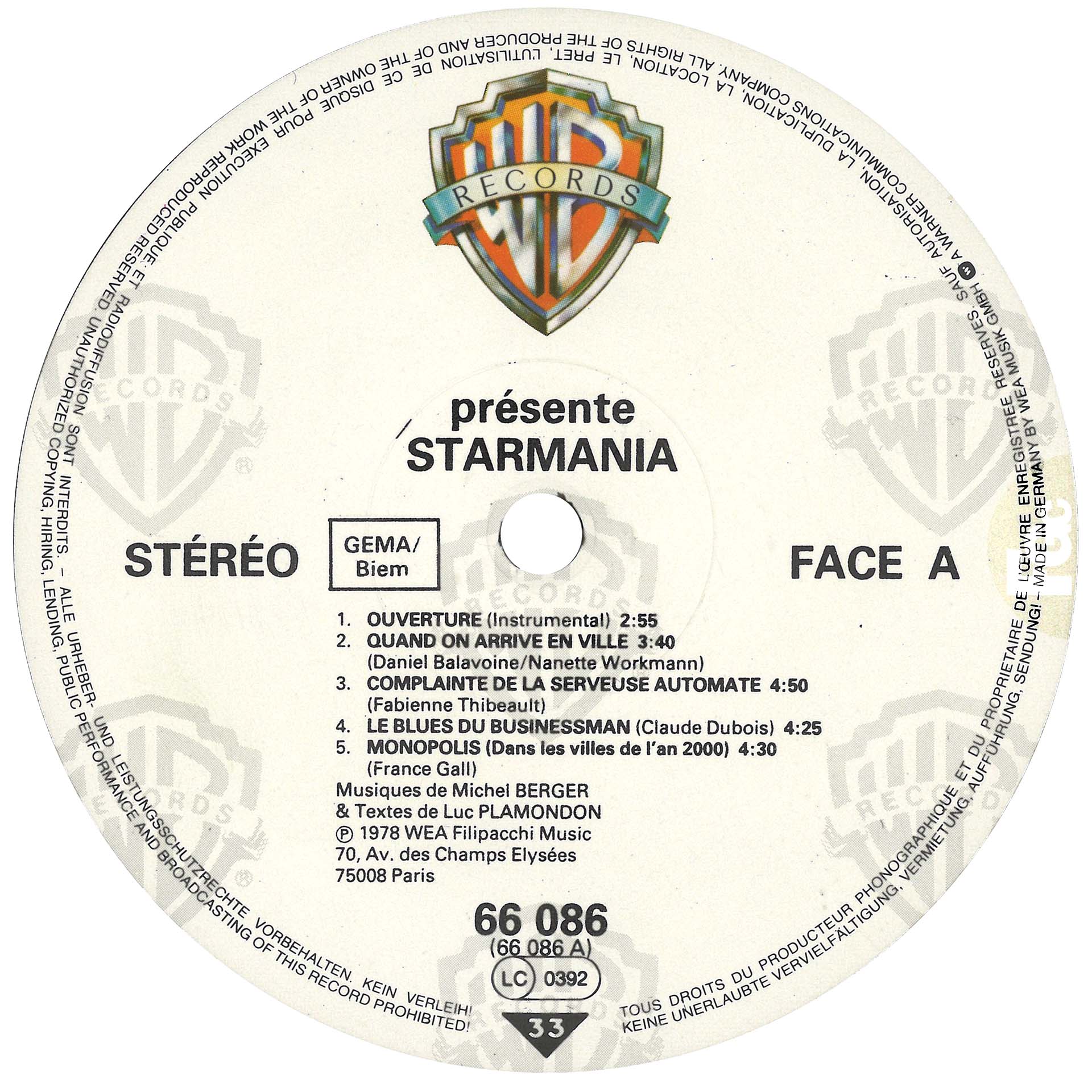 Starmania promo 0196 Allemagne 33 tours 1978.