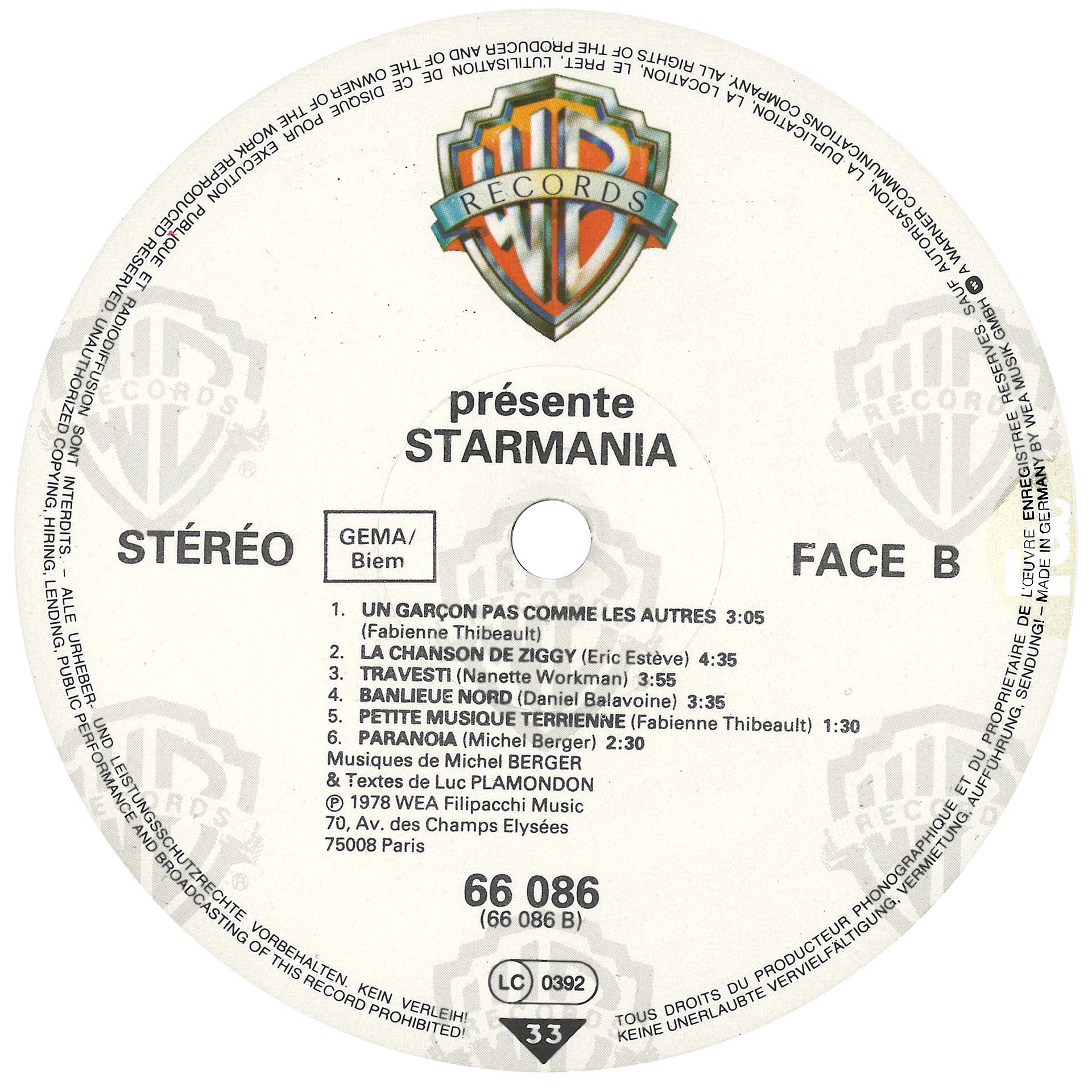 Starmania promo 0196 Allemagne 33 tours 1978.