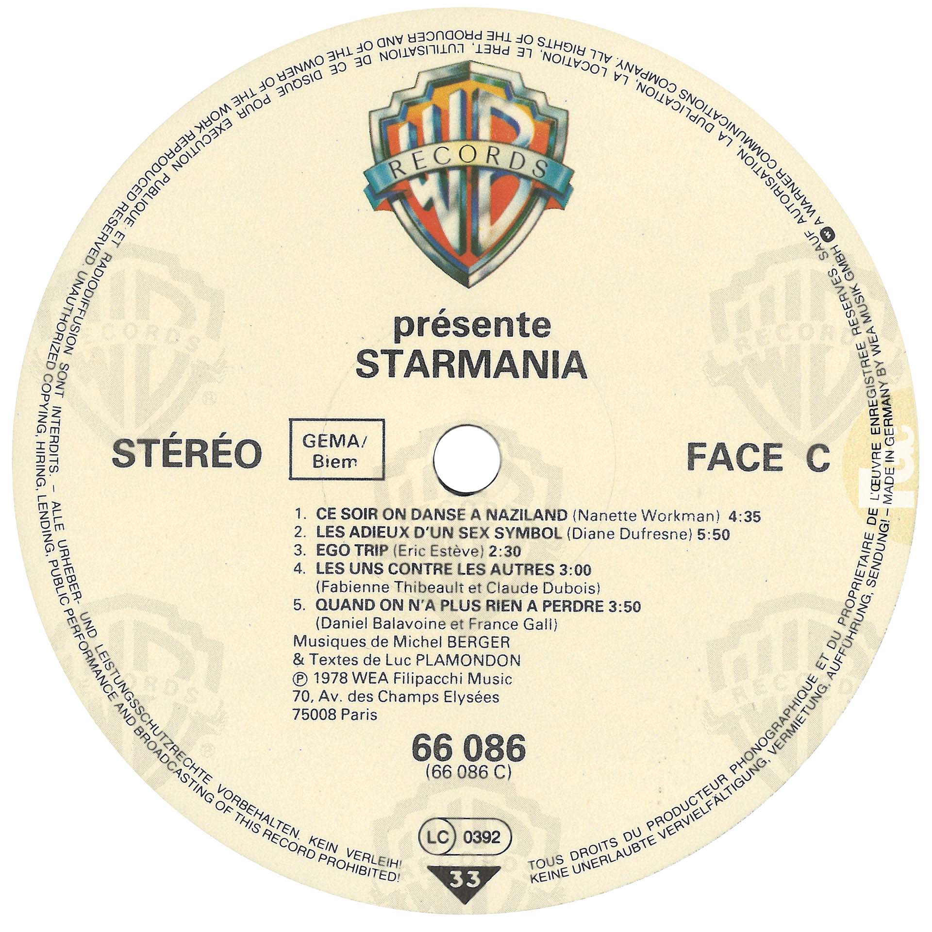 Starmania promo 0196 Allemagne 33 tours 1978.