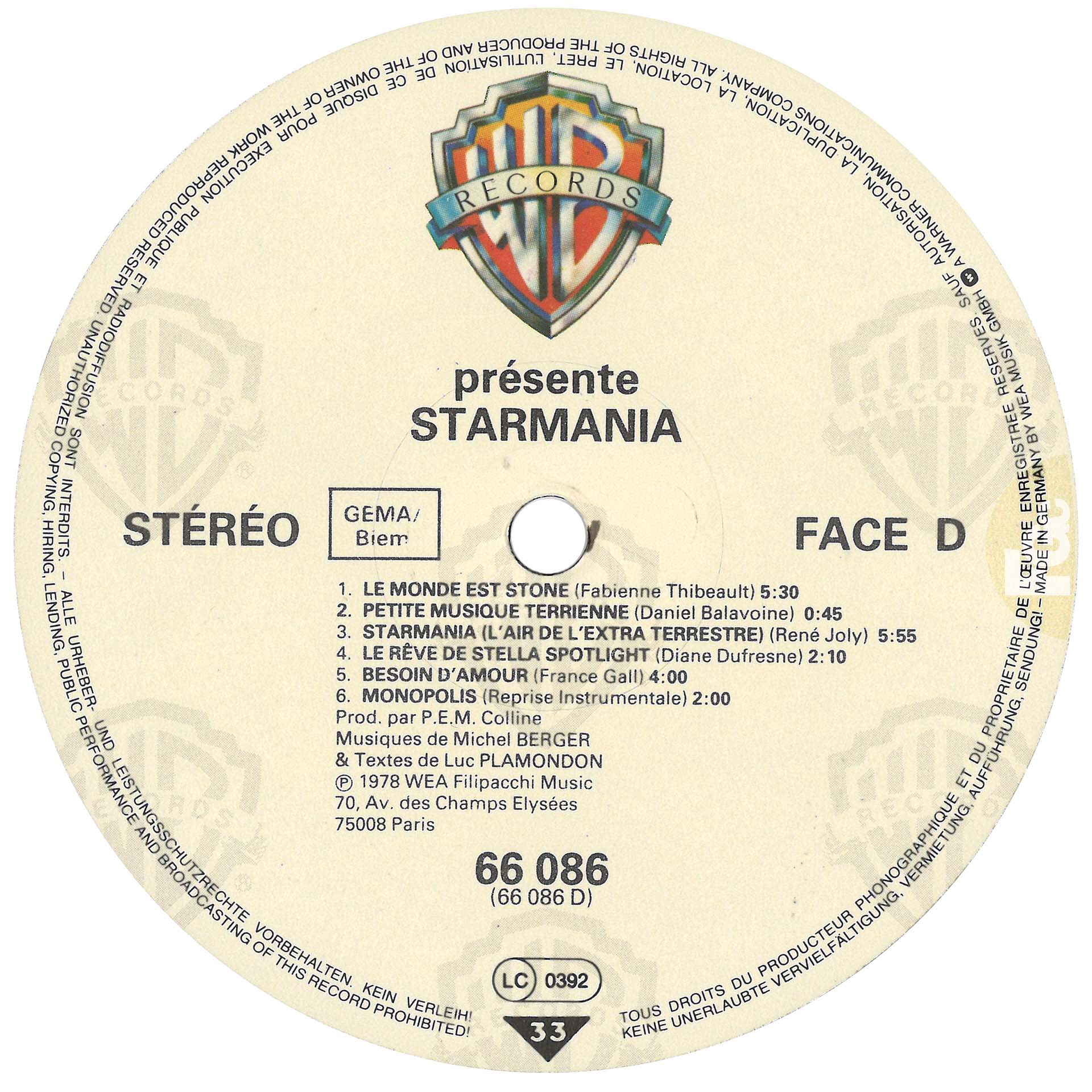 Starmania promo 0196 Allemagne 33 tours 1978.