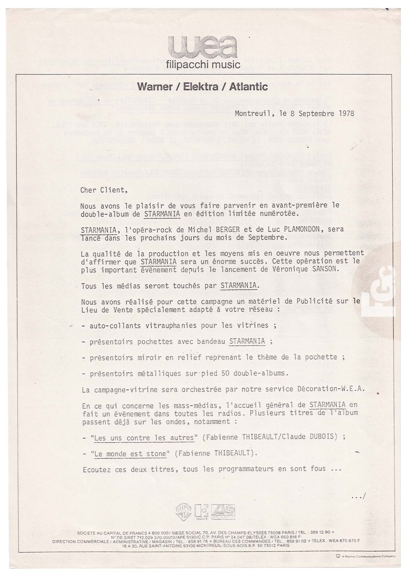 Starmania promo 0196 Allemagne 33 tours 1978.