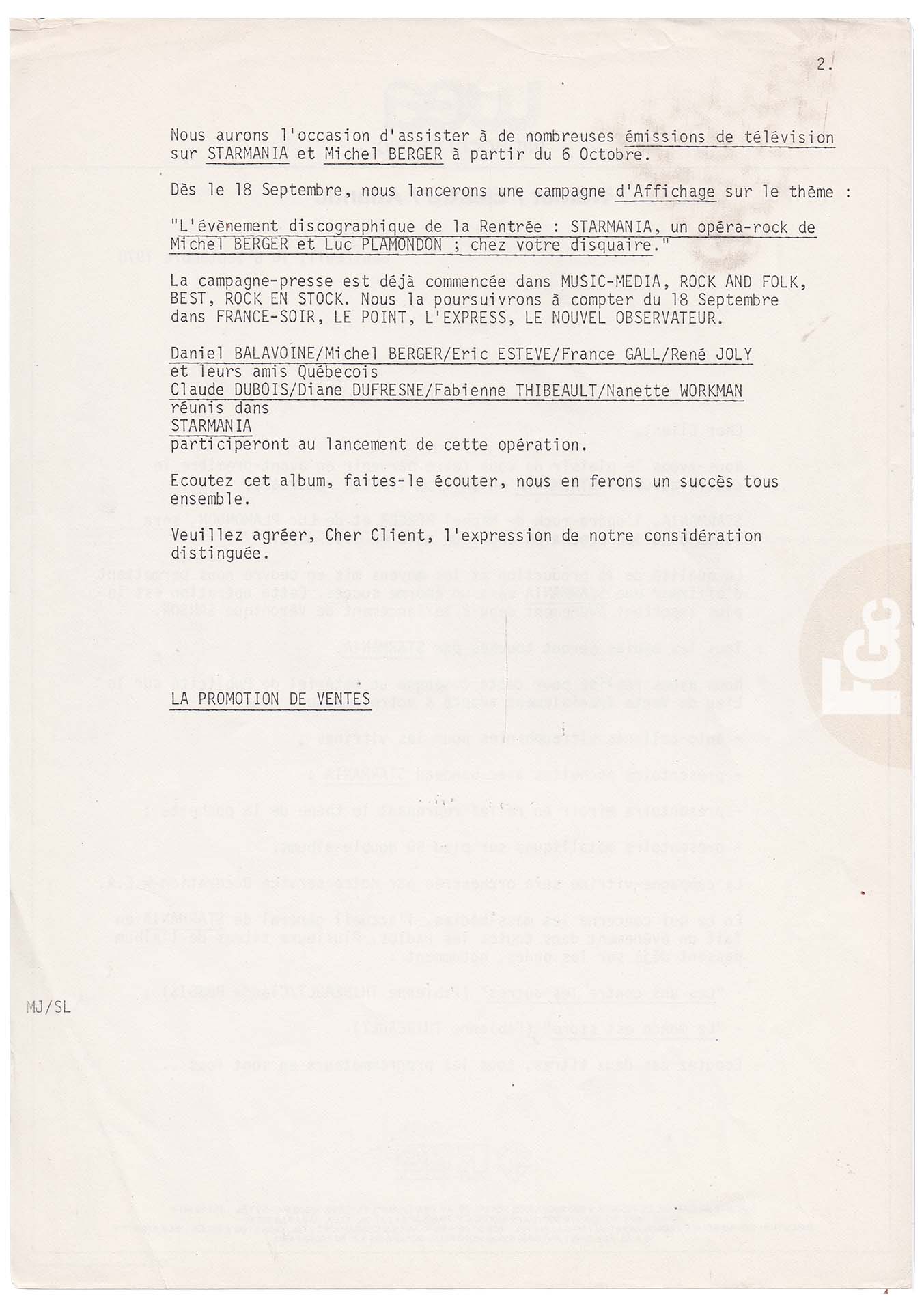 Starmania promo 0196 Allemagne 33 tours 1978.