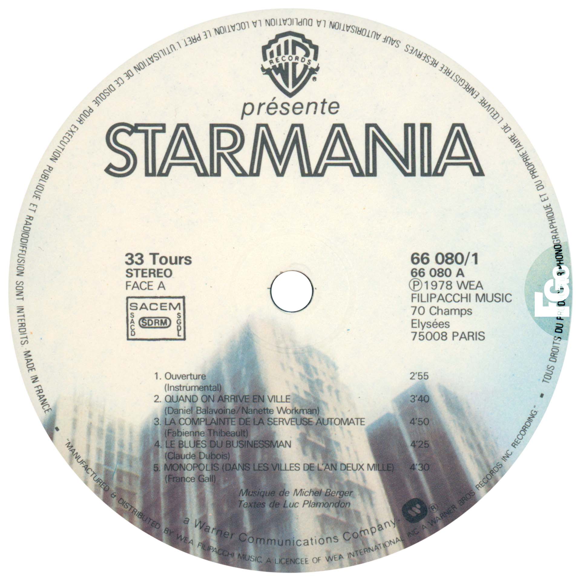 Starmania promo 0858 France 33 tours 1978.