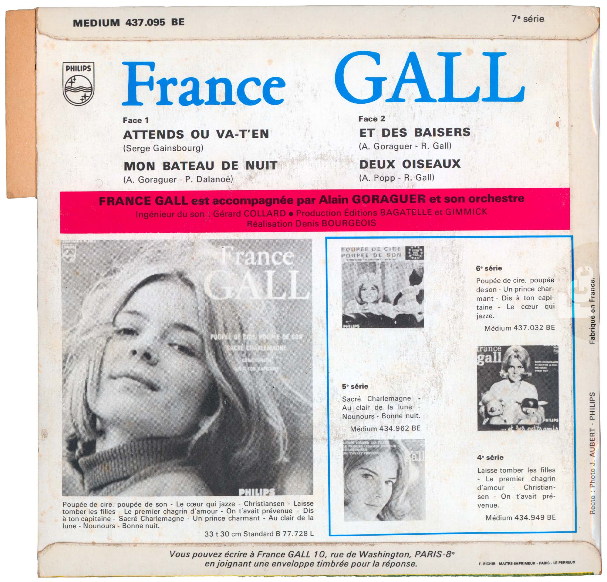 EP Attends ou va-t'en France Gall Philips 437.095 BE 1965 avec languette disquaire