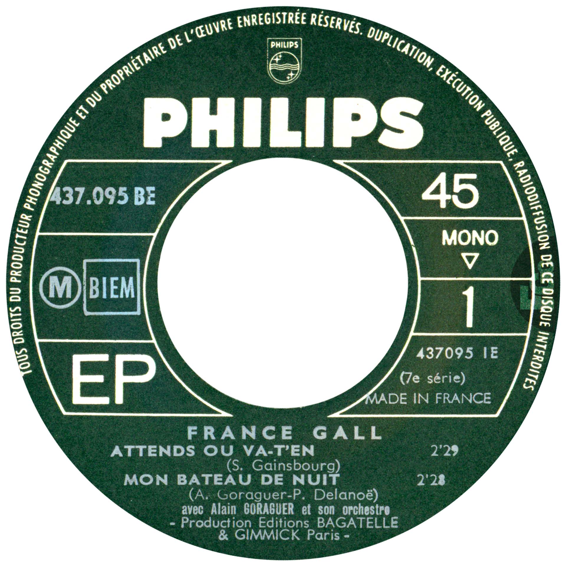 EP Attends ou va-t'en France Gall Philips 437.095 BE 1965 avec languette disquaire