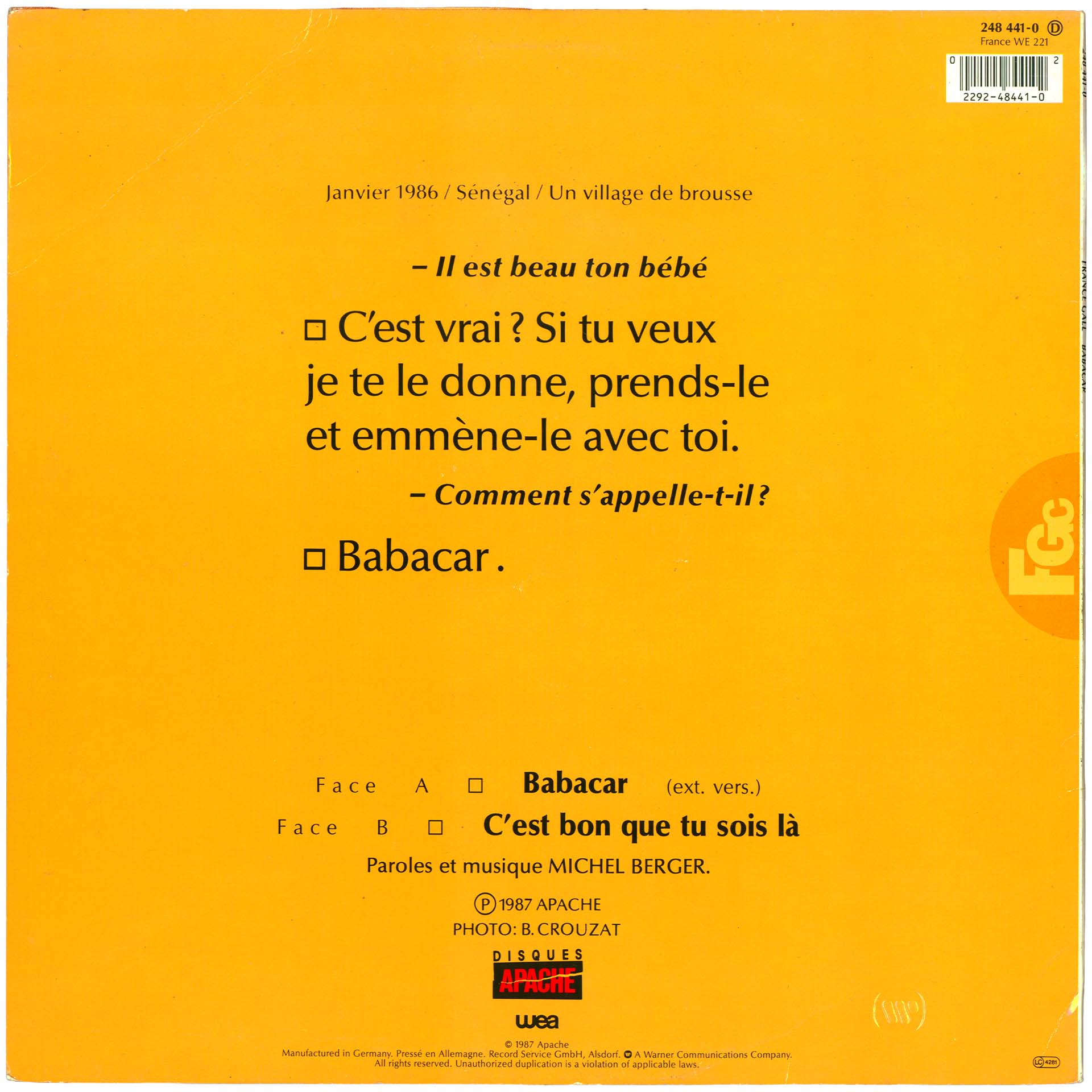 Maxi 45 tours Babacar France Gall Apache 248 441 0 1987 Allemagne extended