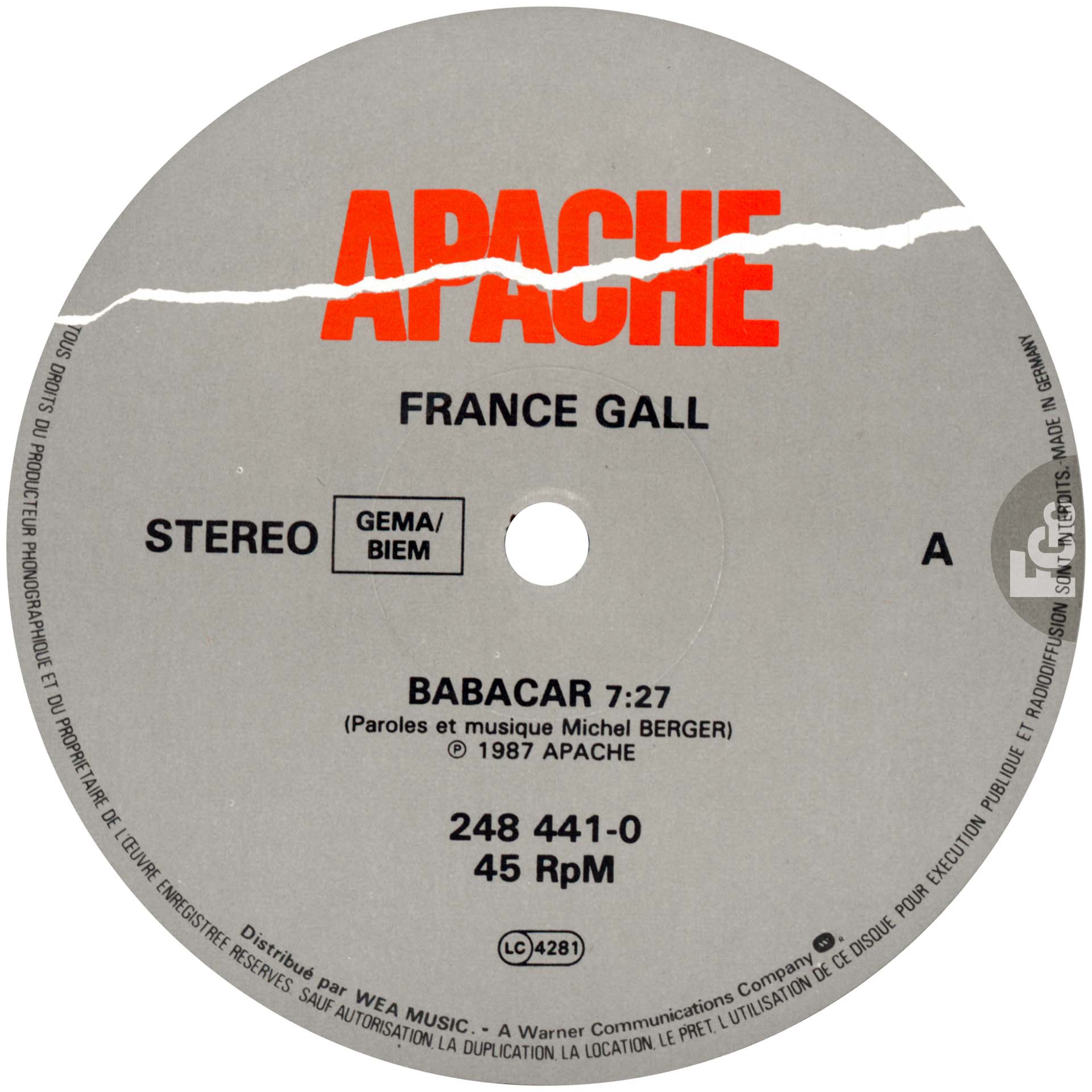 Maxi 45 tours Babacar France Gall Apache 248 441 0 1987 Allemagne extended