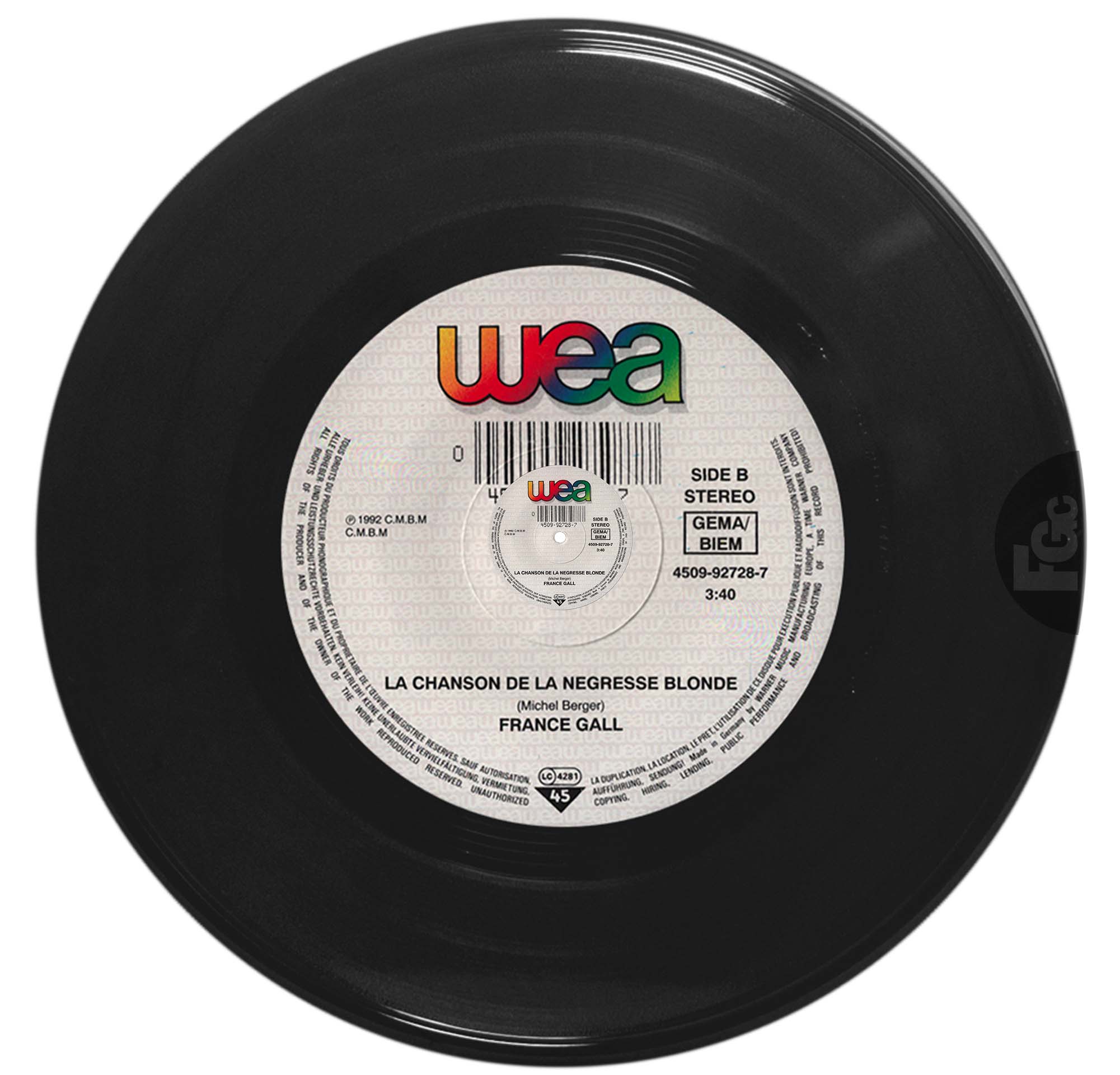 45 tours commercial Mademoiselle Chang en version live de France Gall, référence Apache 4509-92728-7, paru en mai 1993, avec La chanson de la négresse blonde en face B. Pressage allemand.