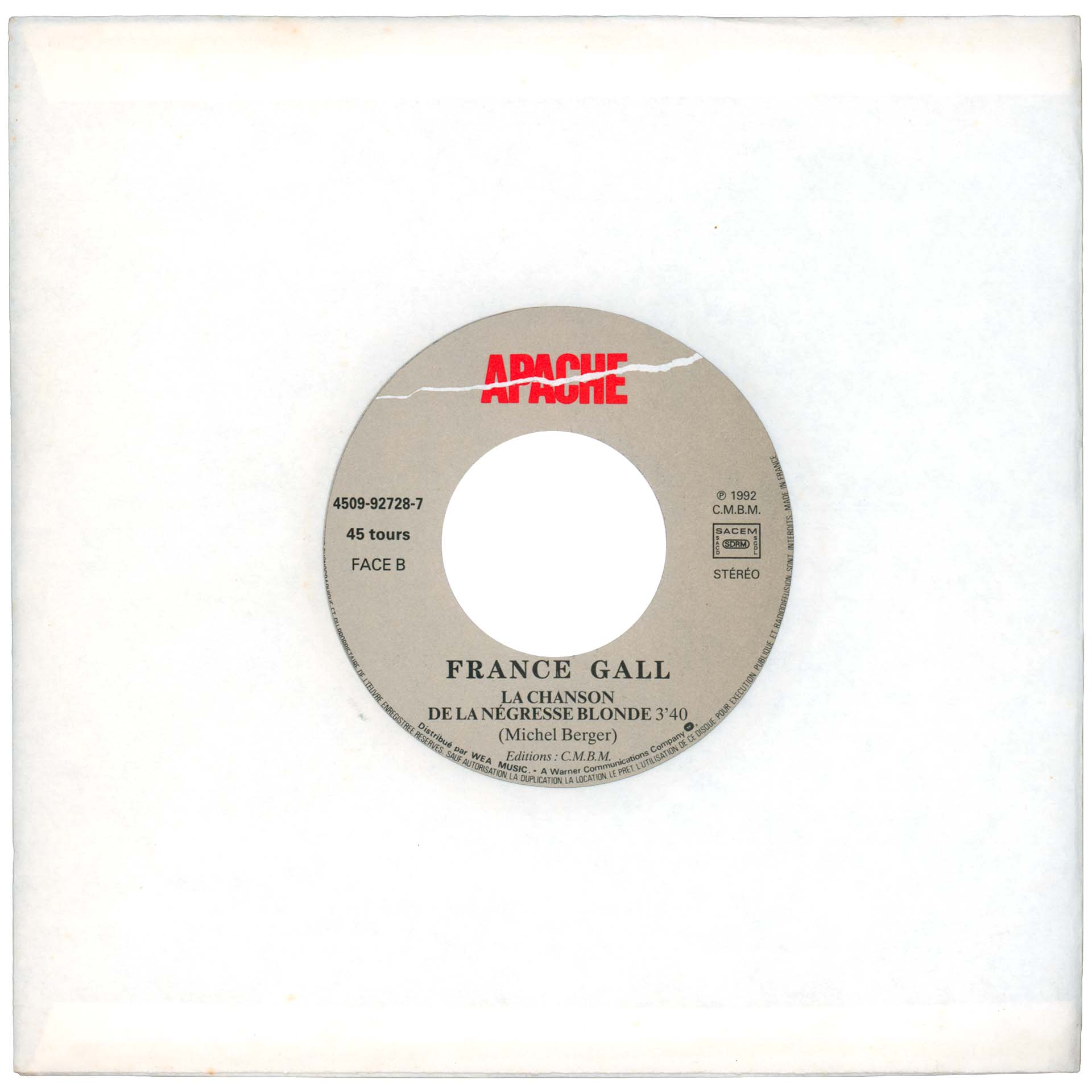45 tours promo Mademoiselle Chang France Gall Apache 4509-92728-7 1993 pochette blanche