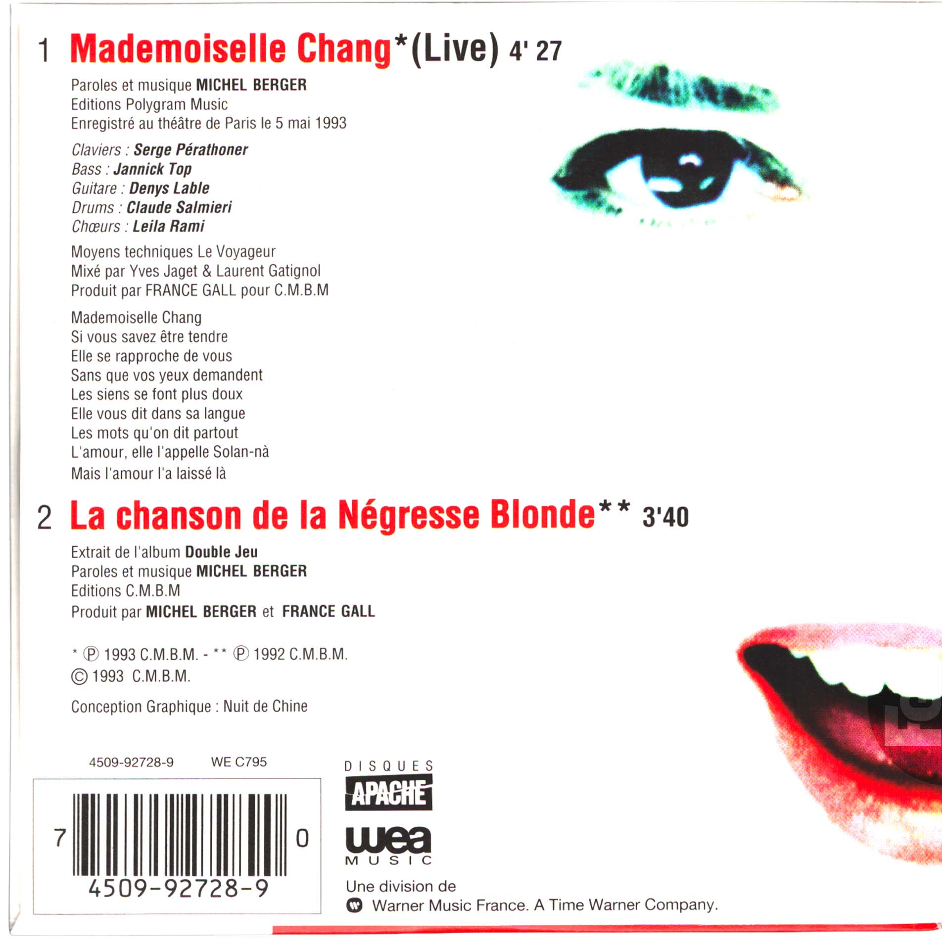 CD single France Gall - Mademoiselle Chang live - Apache 4509-92728-9 - mai 1993