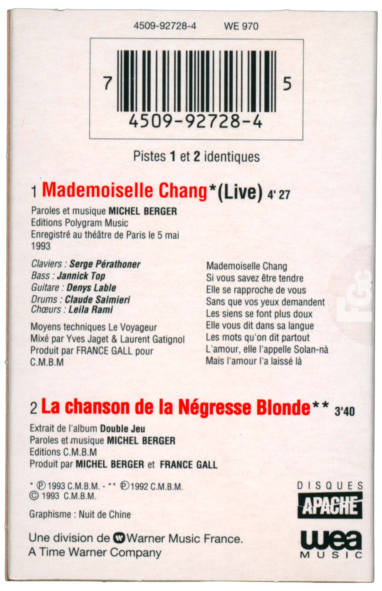 Cassette Mademoiselle Chang live France Gall Apache 1993