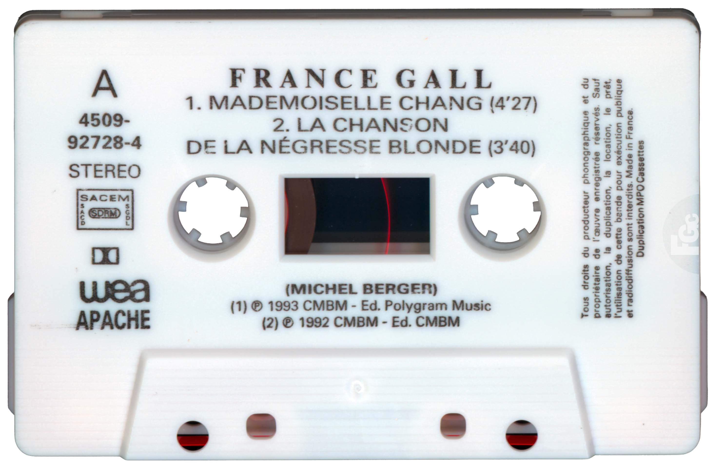 Cassette Mademoiselle Chang live France Gall Apache 1993