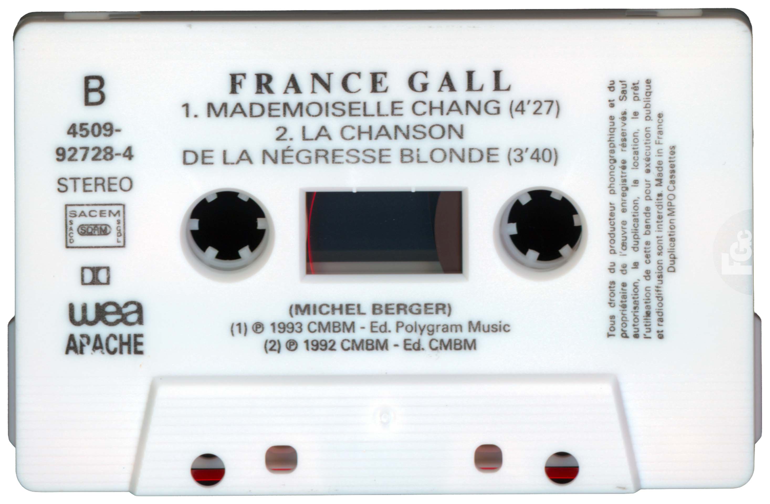 Cassette Mademoiselle Chang live France Gall Apache 1993