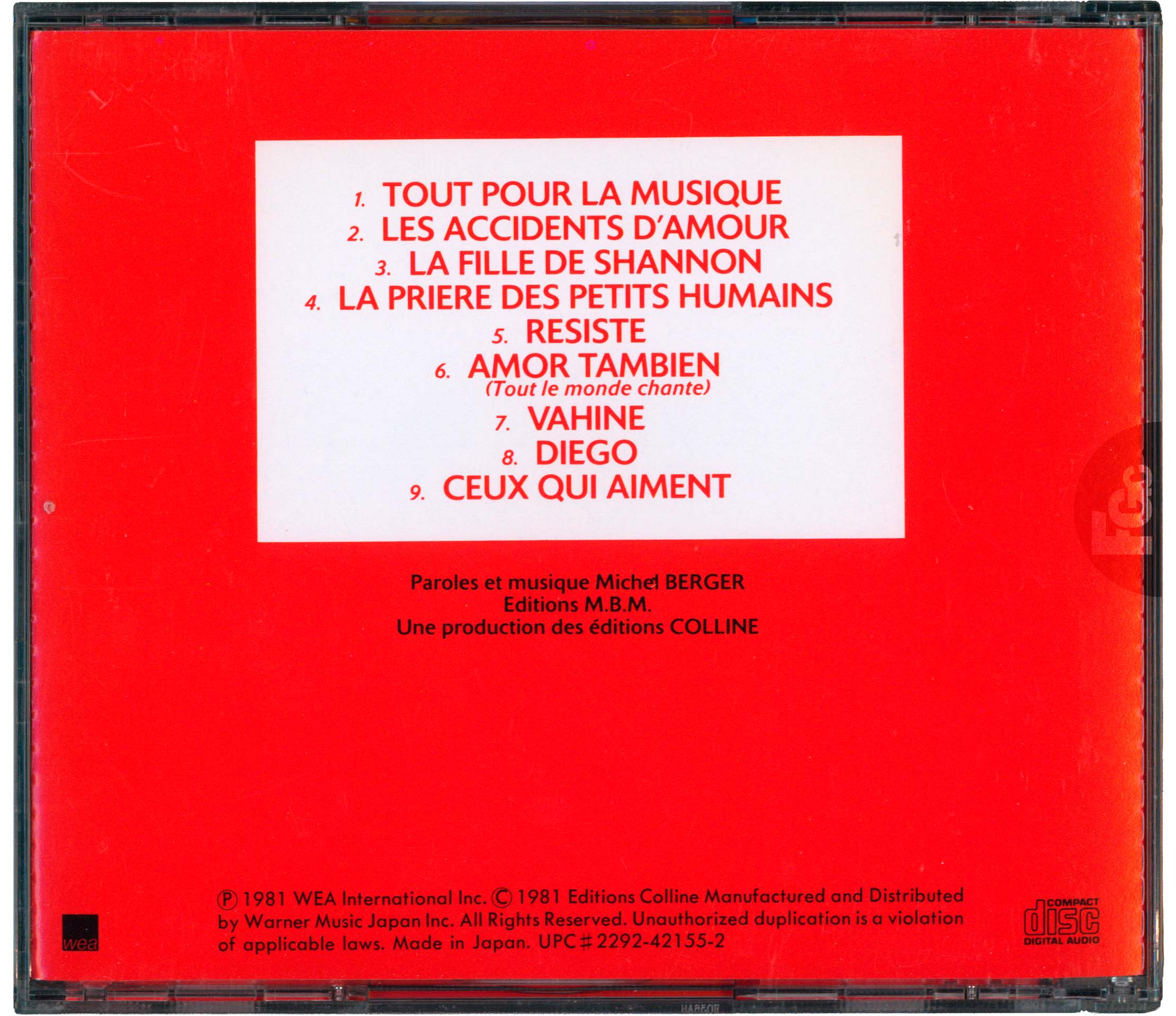 CD Tout pour la musique France Gall Warner Japan WPCR-2304 1998 avec OBI