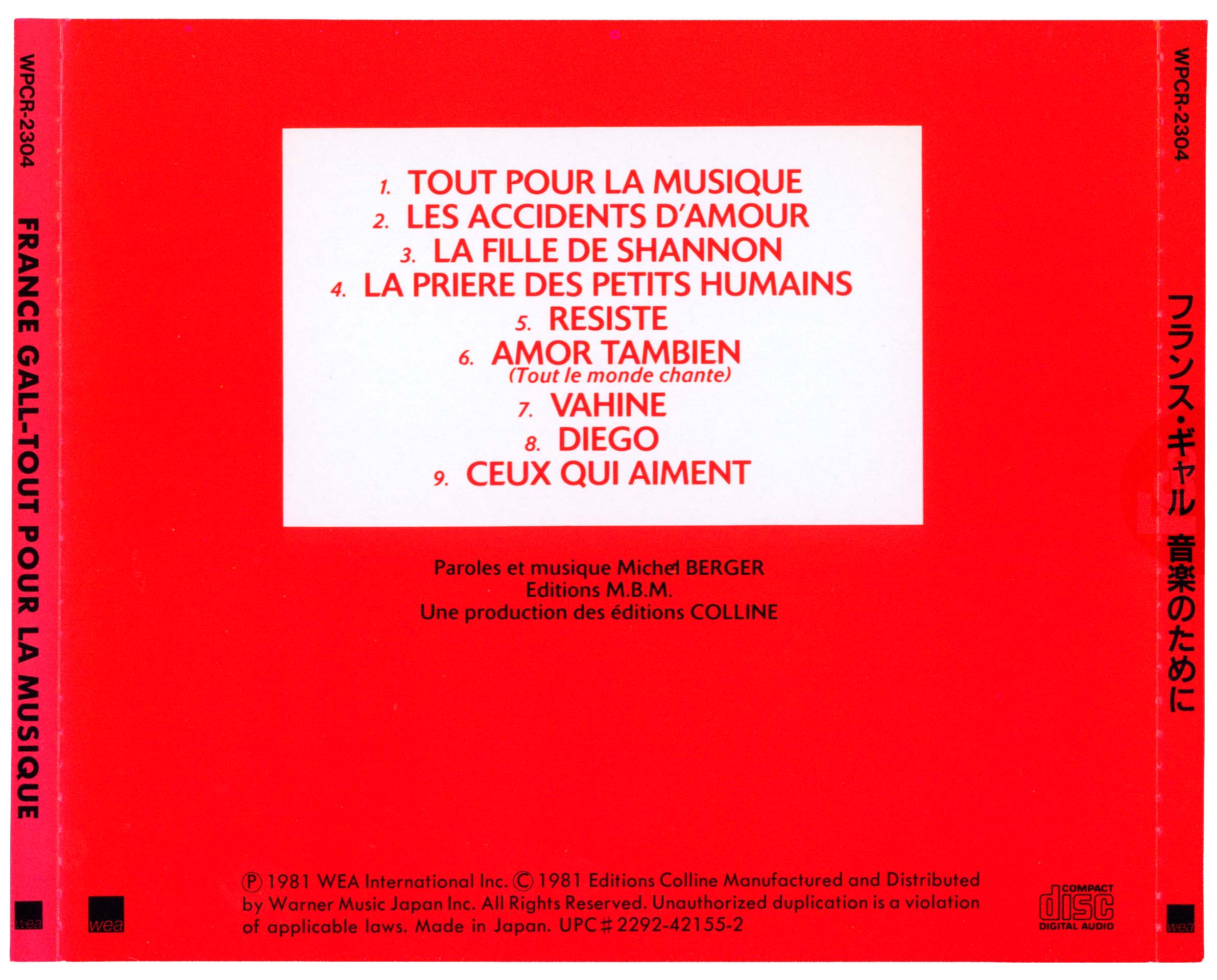 CD Tout pour la musique France Gall Warner Japan WPCR-2304 1998 avec OBI