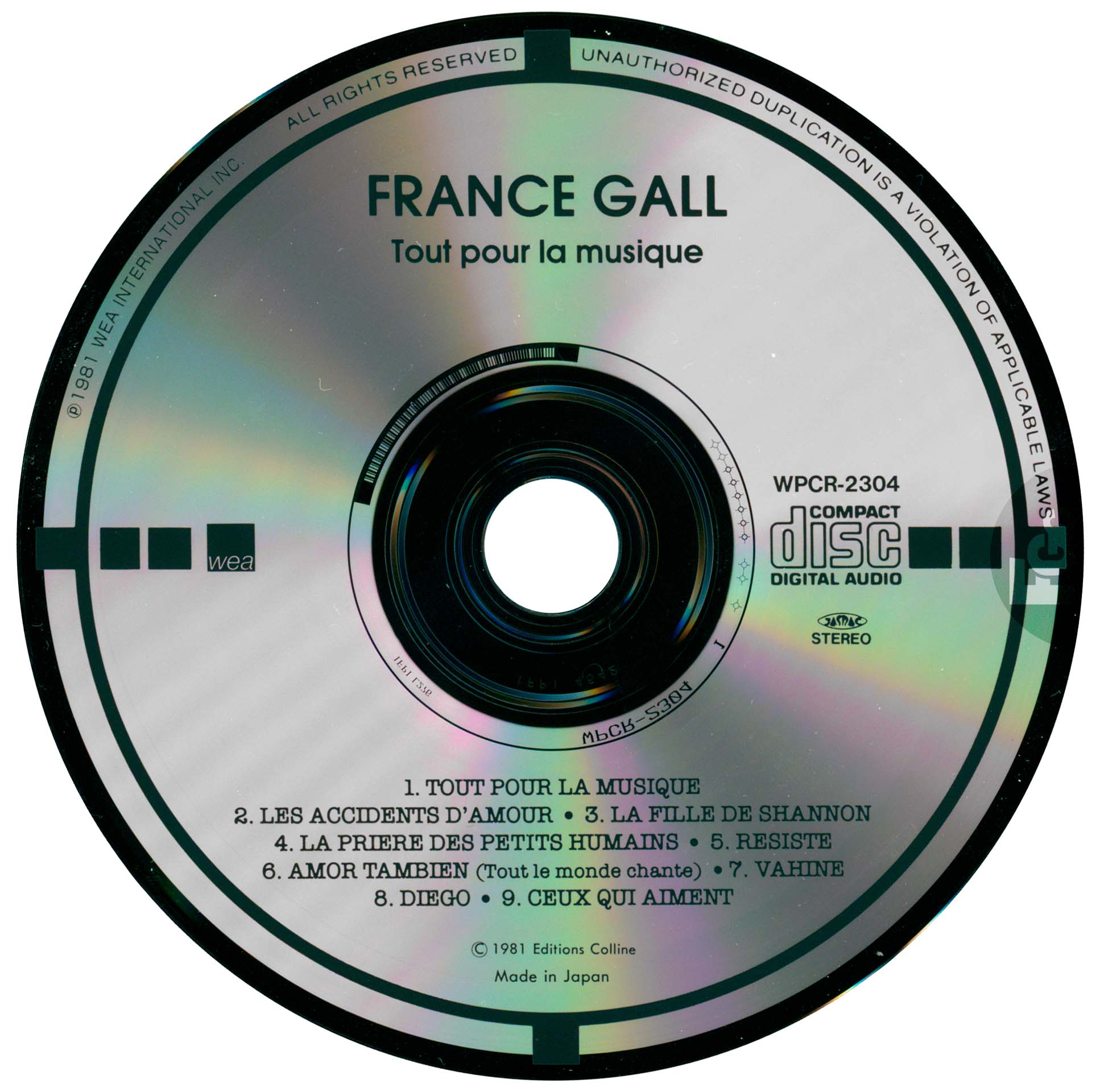 CD Tout pour la musique France Gall Warner Japan WPCR-2304 1998 avec OBI