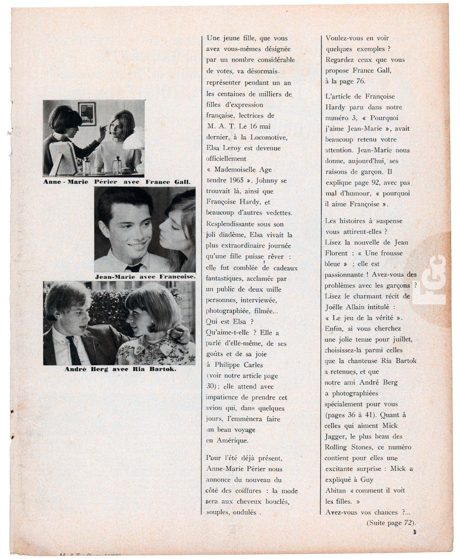 Article Mademoiselle âge tendre 1965, France Gall coiffures été