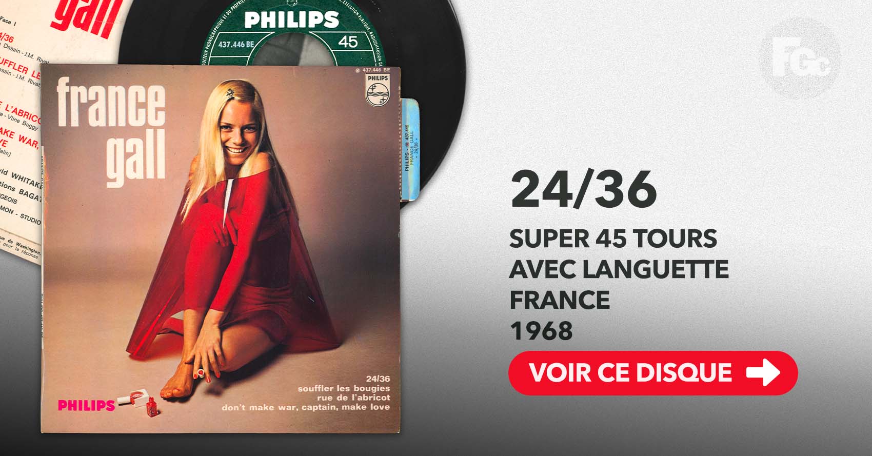 EP 24/36 France Gall Philips 437.446 BE 1968 languette disquaire