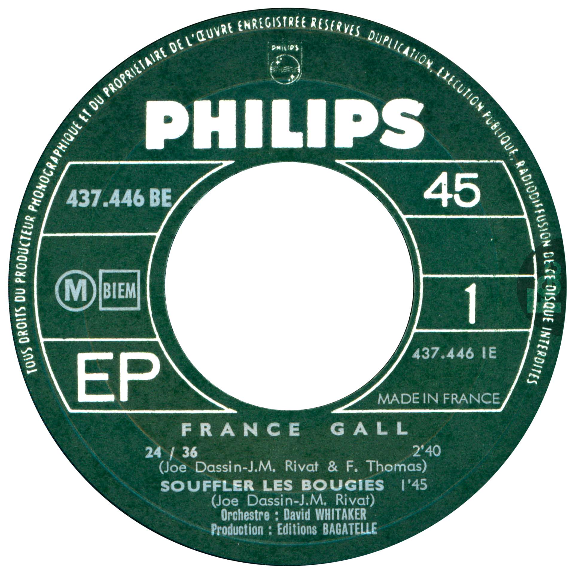 EP 24/36 France Gall Philips 437.446 BE 1968 languette disquaire