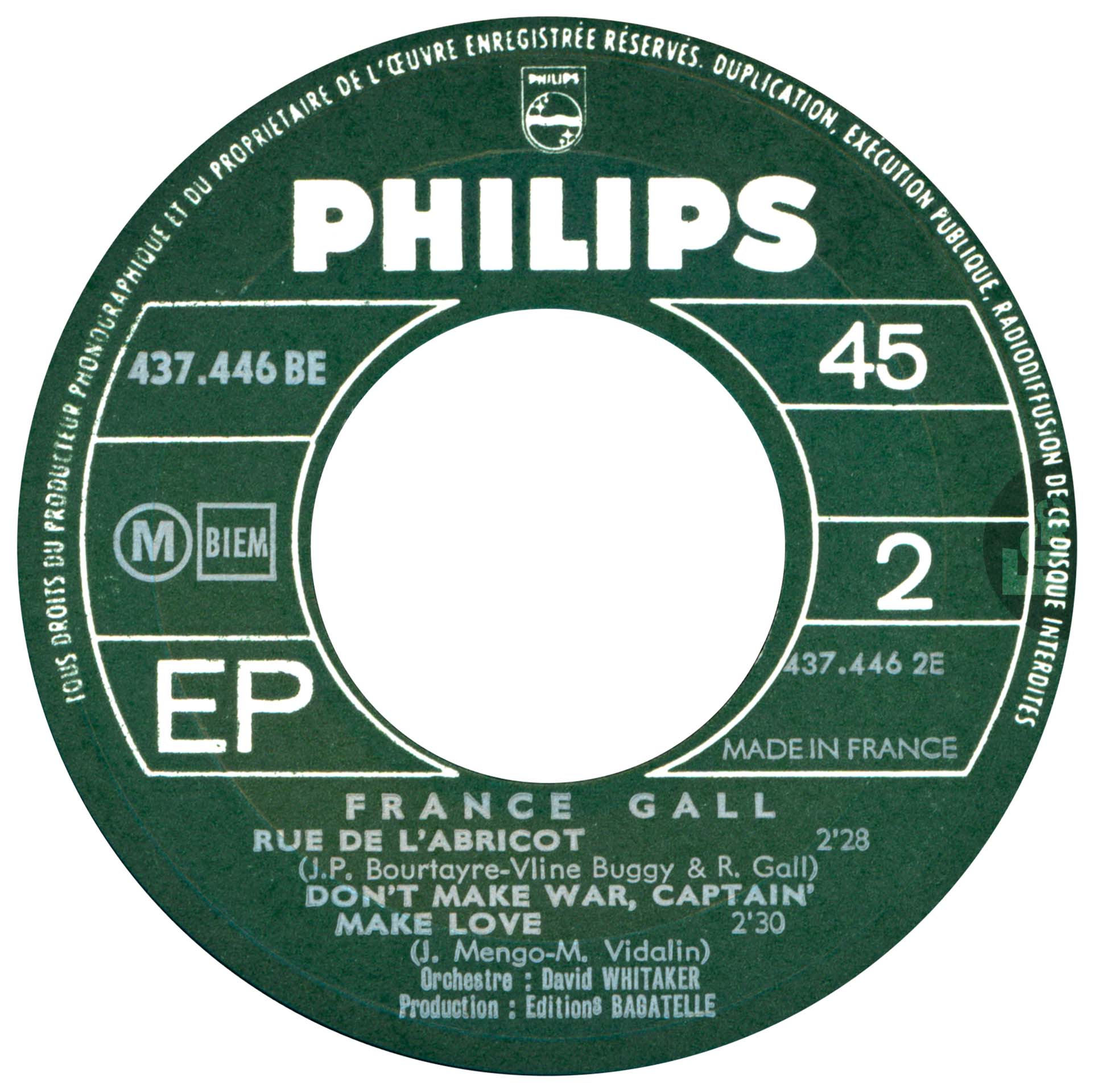 EP 24/36 France Gall Philips 437.446 BE 1968 languette disquaire