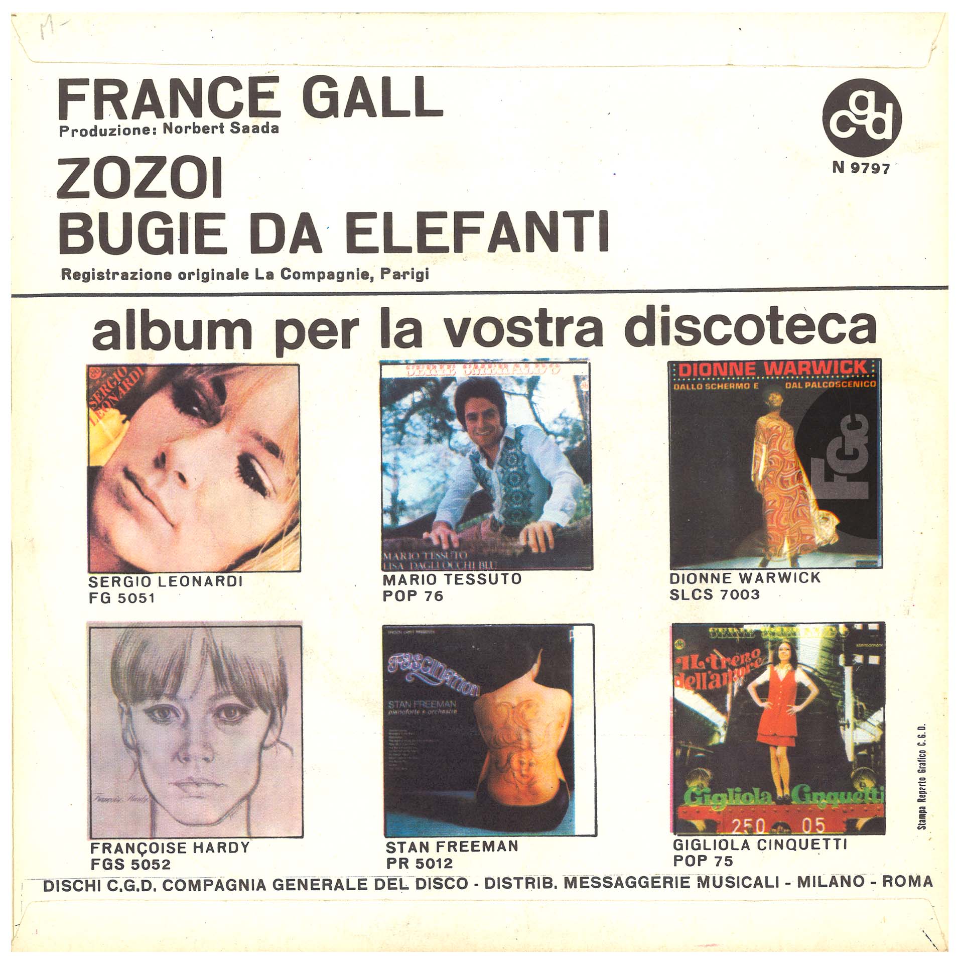 45 tours Zozoï France Gall Compagnia generale del disco N 9797 Italie 1970