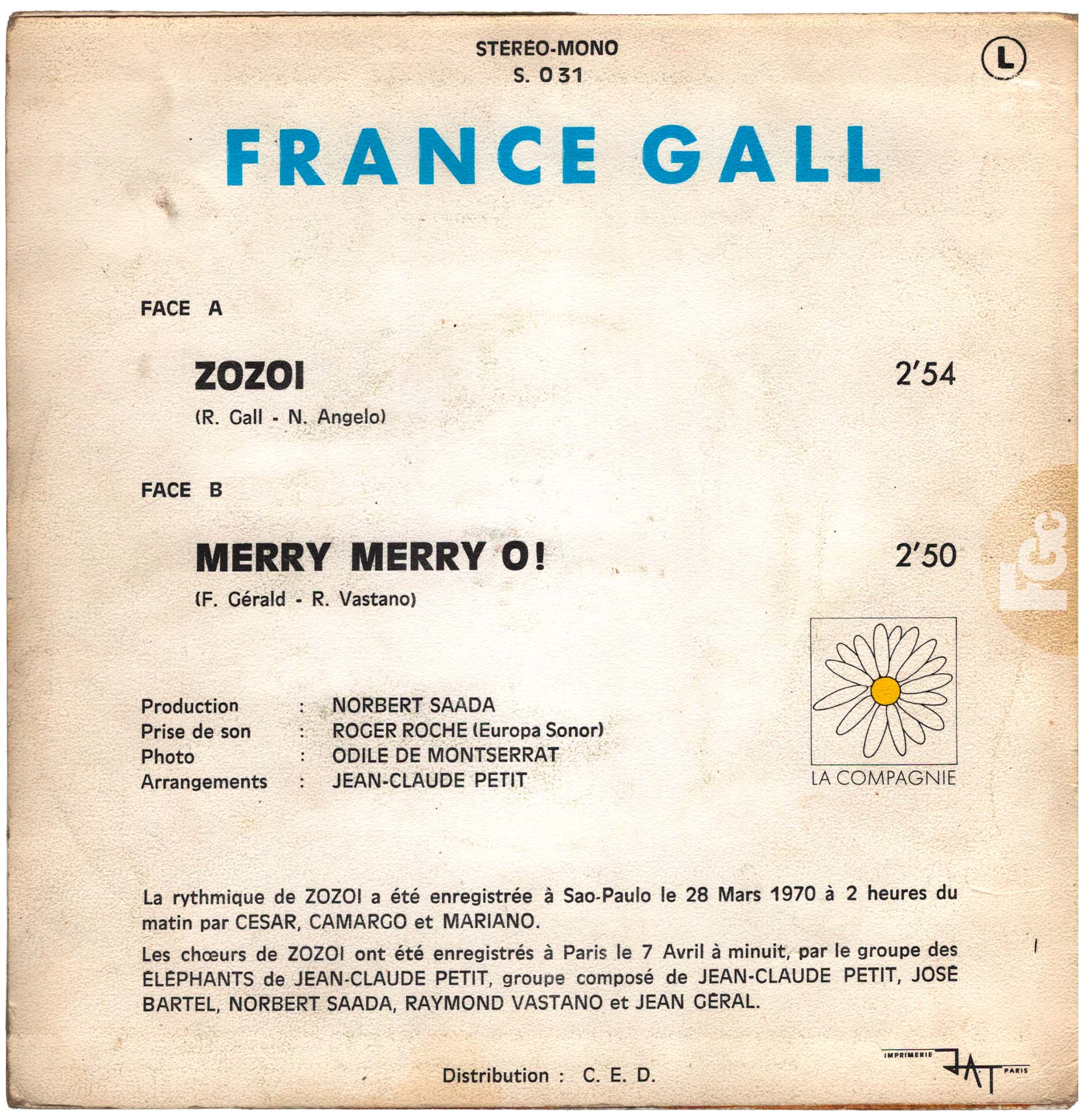 45 tours Zozoï France Gall La Compagnie S 031 France 1970