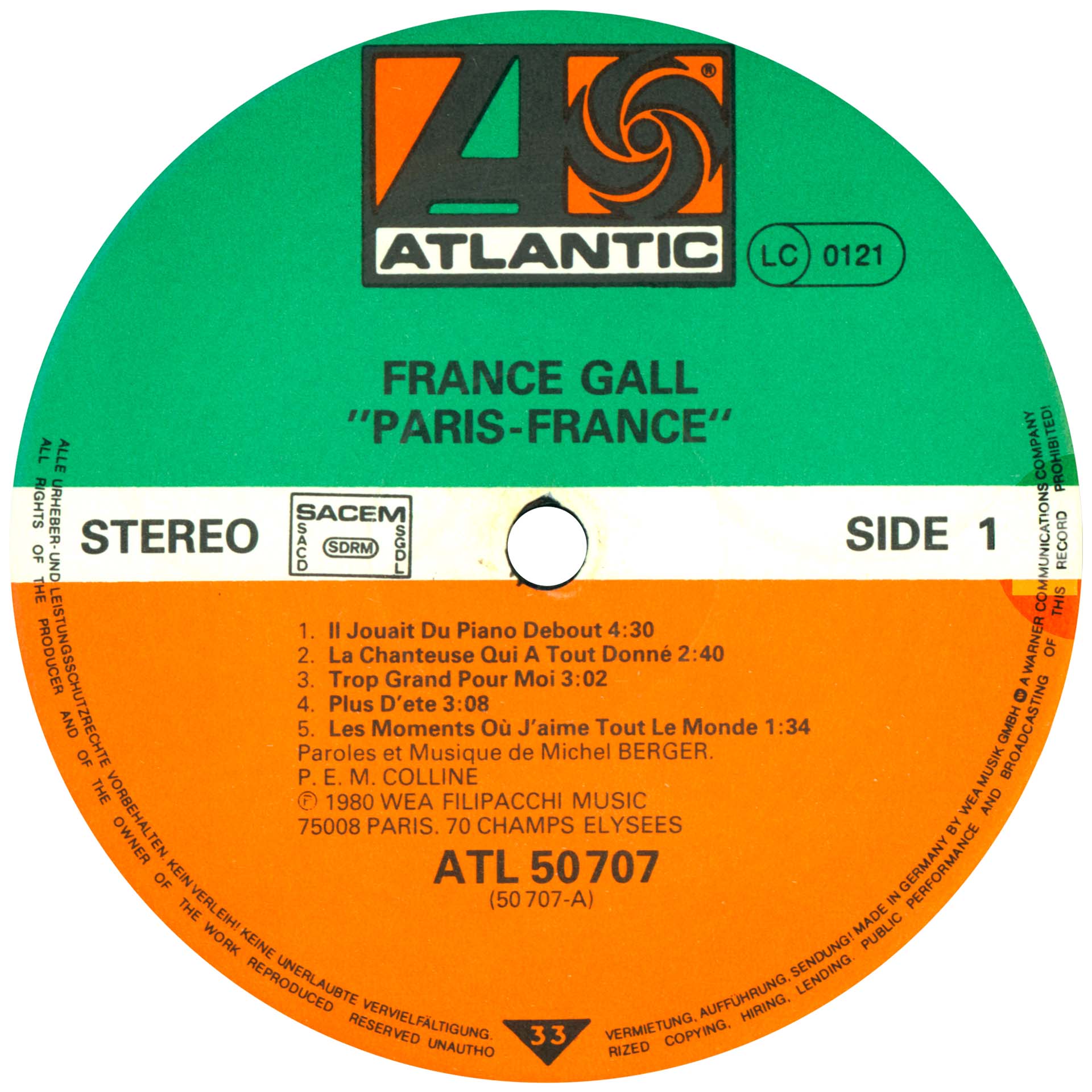 33 tours Paris France de France Gall Atlantic ATL 50707 second pressage France Allemagne