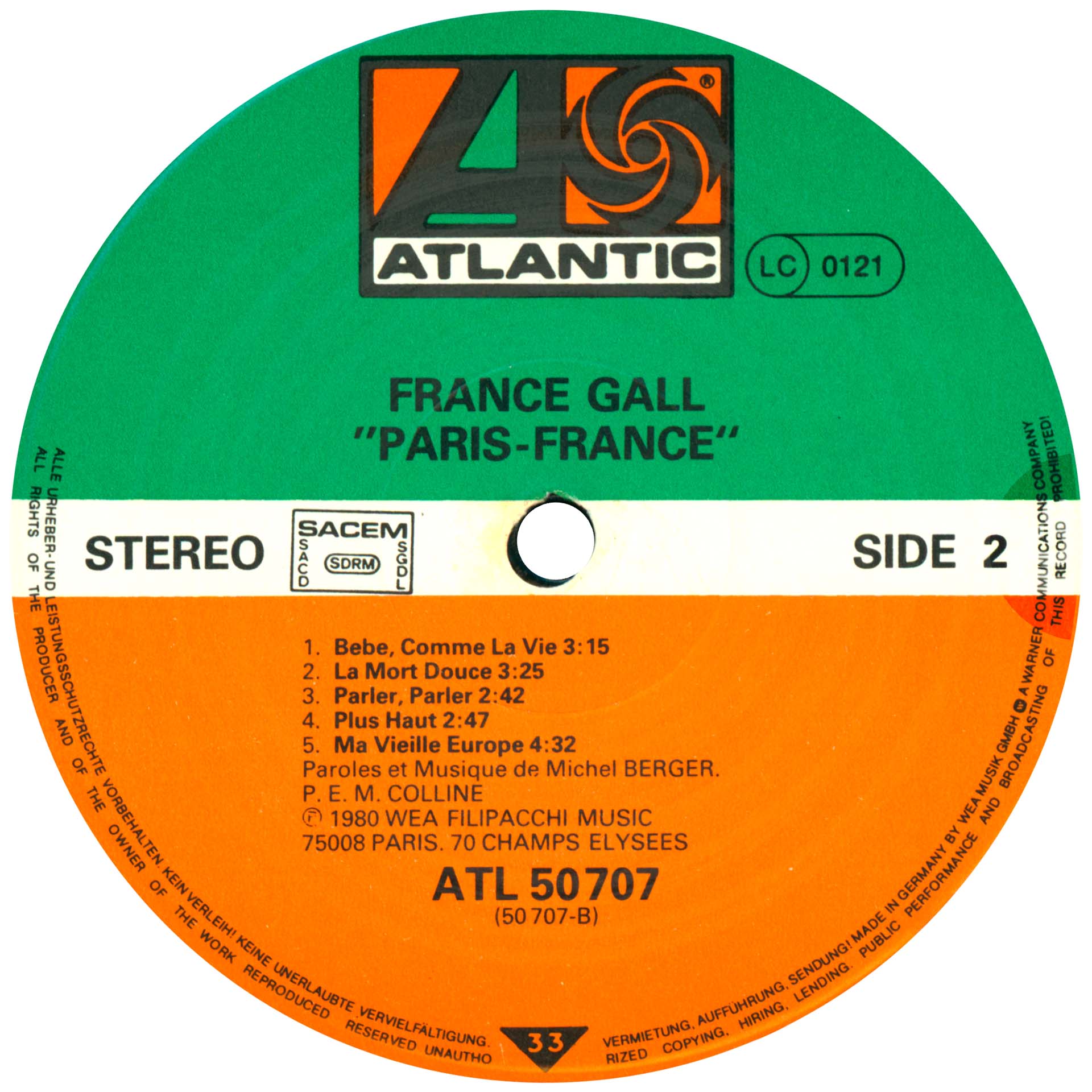 33 tours Paris France de France Gall Atlantic ATL 50707 second pressage France Allemagne